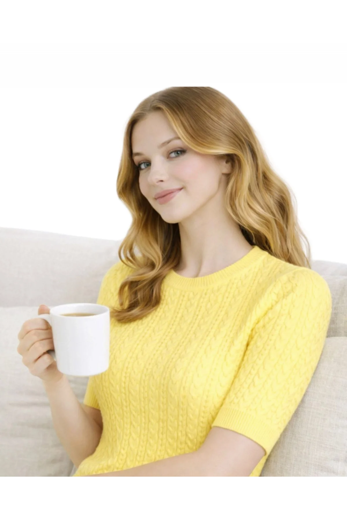 Kadın Sarı Bisiklet Yaka Saç Örgü Desenli Kısa Kollu Triko Bluz