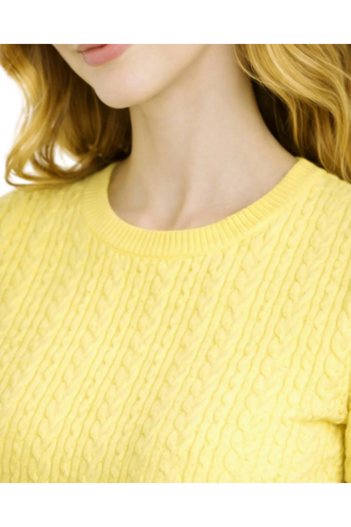 Kadın Sarı Bisiklet Yaka Saç Örgü Desenli Kısa Kollu Triko Bluz