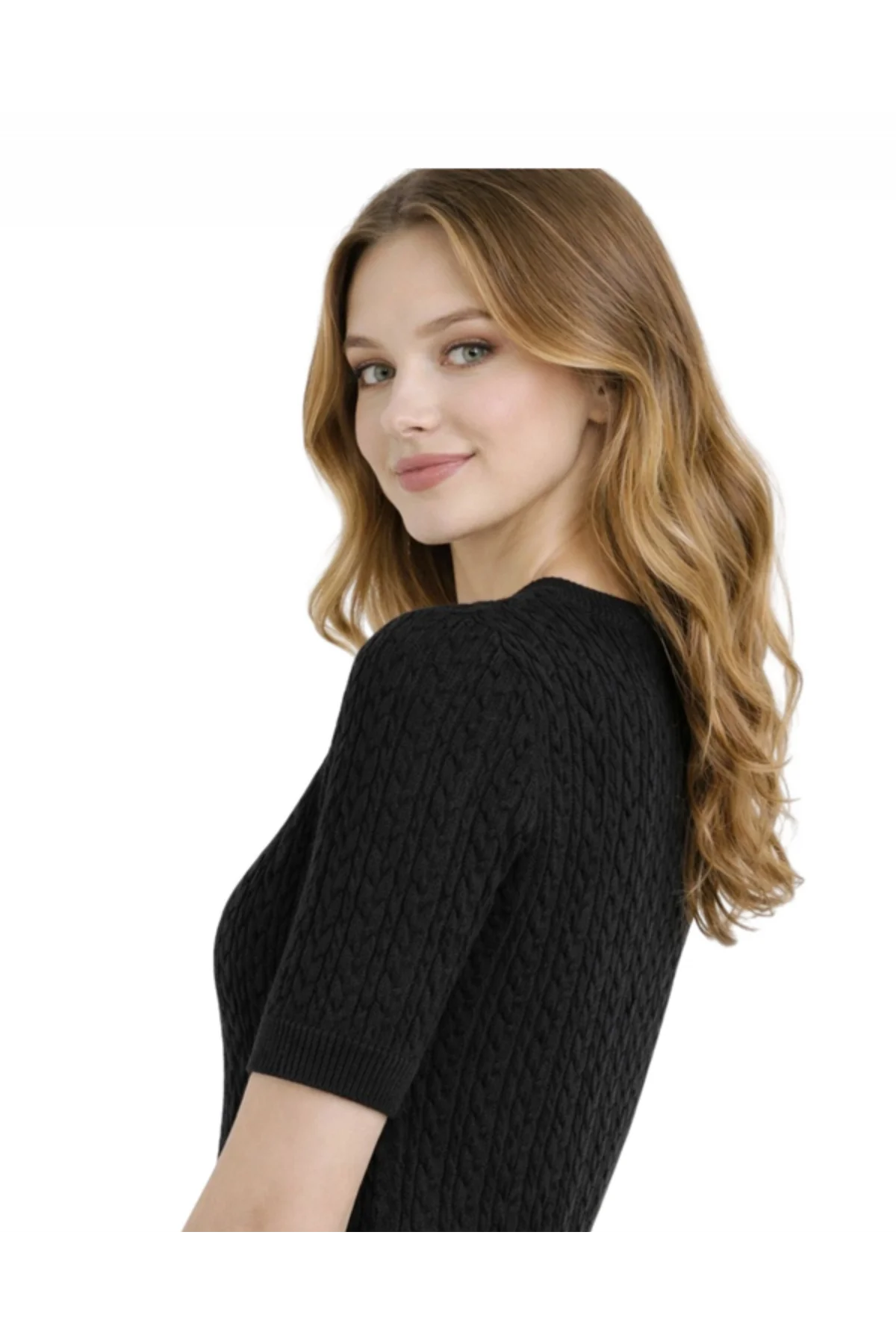 Kadın Siyah Bisiklet Yaka Saç Örgü Desenli Kısa Kollu Triko Bluz