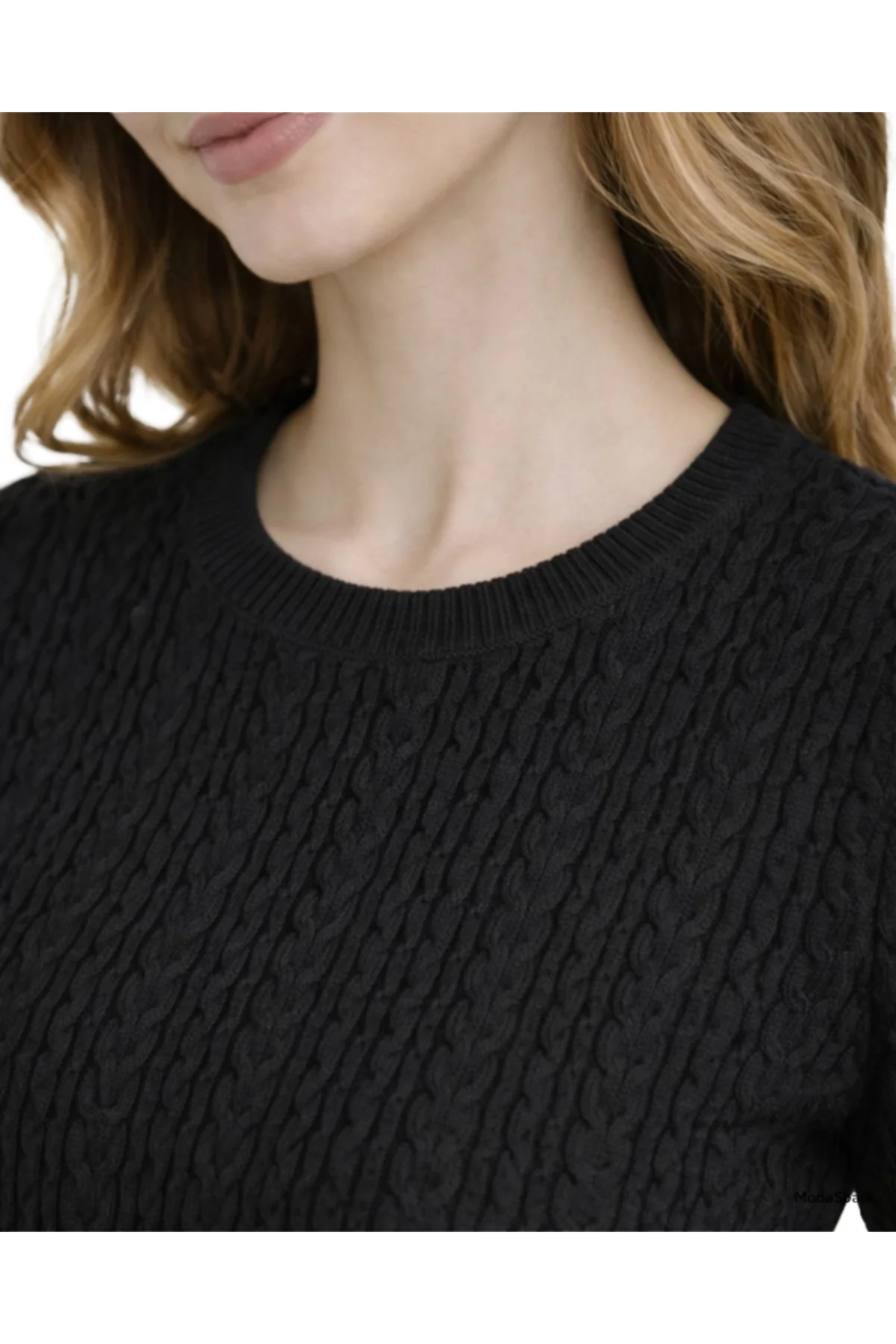 Kadın Siyah Bisiklet Yaka Saç Örgü Desenli Kısa Kollu Triko Bluz