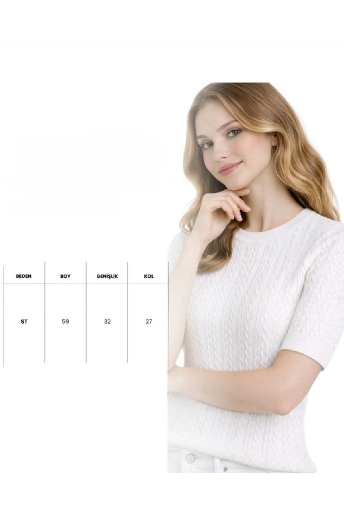 Kadın Beyaz Bisiklet Yaka Saç Örgü Desenli Kısa Kollu Triko Bluz