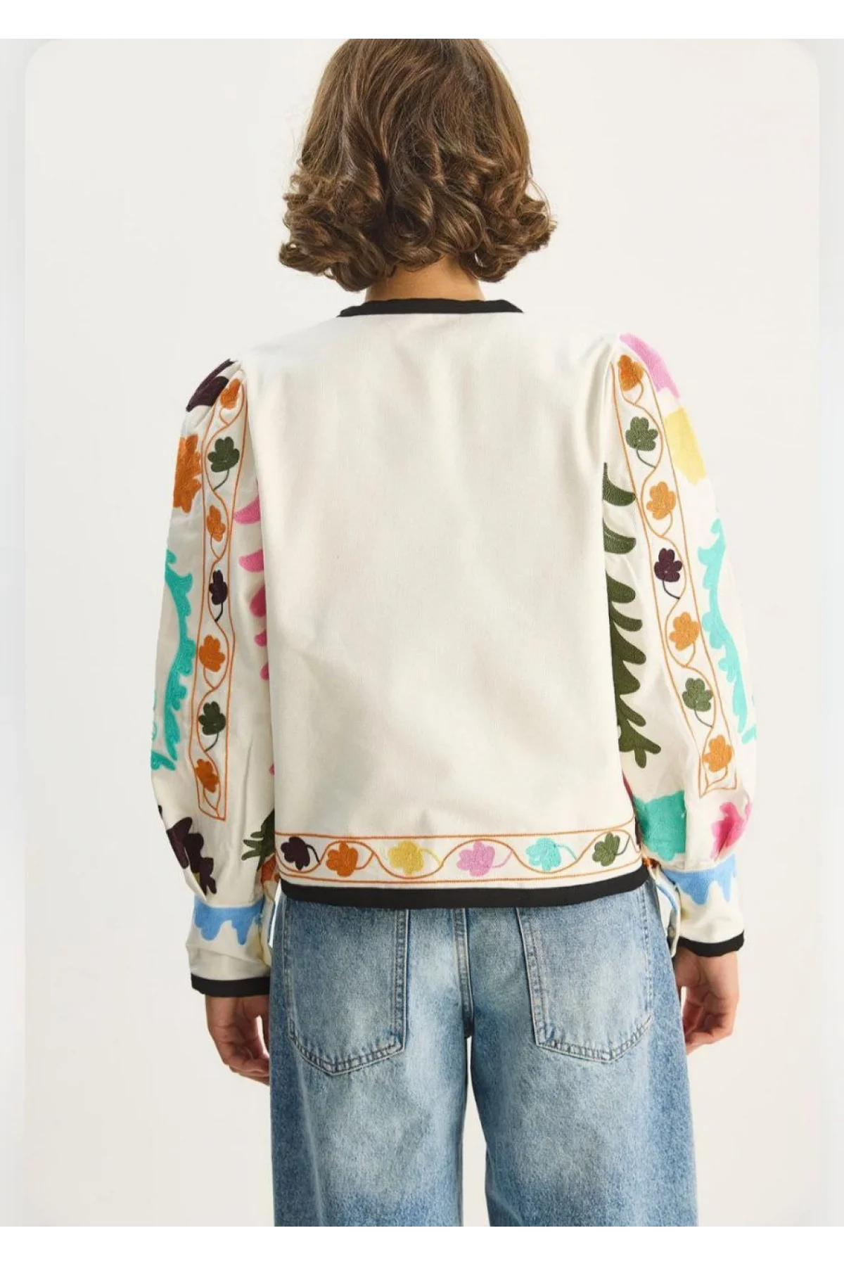 Kadın Ekru Pinterest Suzani Renkli Nakış İşlemeli Bomber Ceket