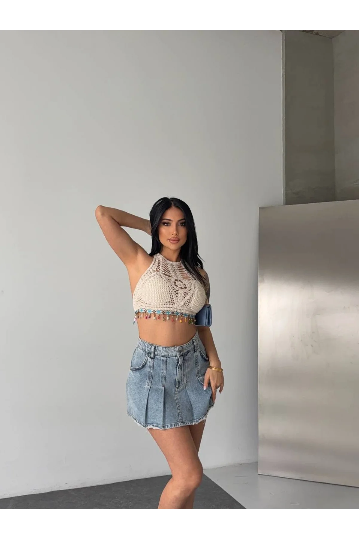 Kadın Ekru Ajurlu Kroşe Örgü Boncuk Detaylı Sırt Dekolteli Pinterest Crop Top