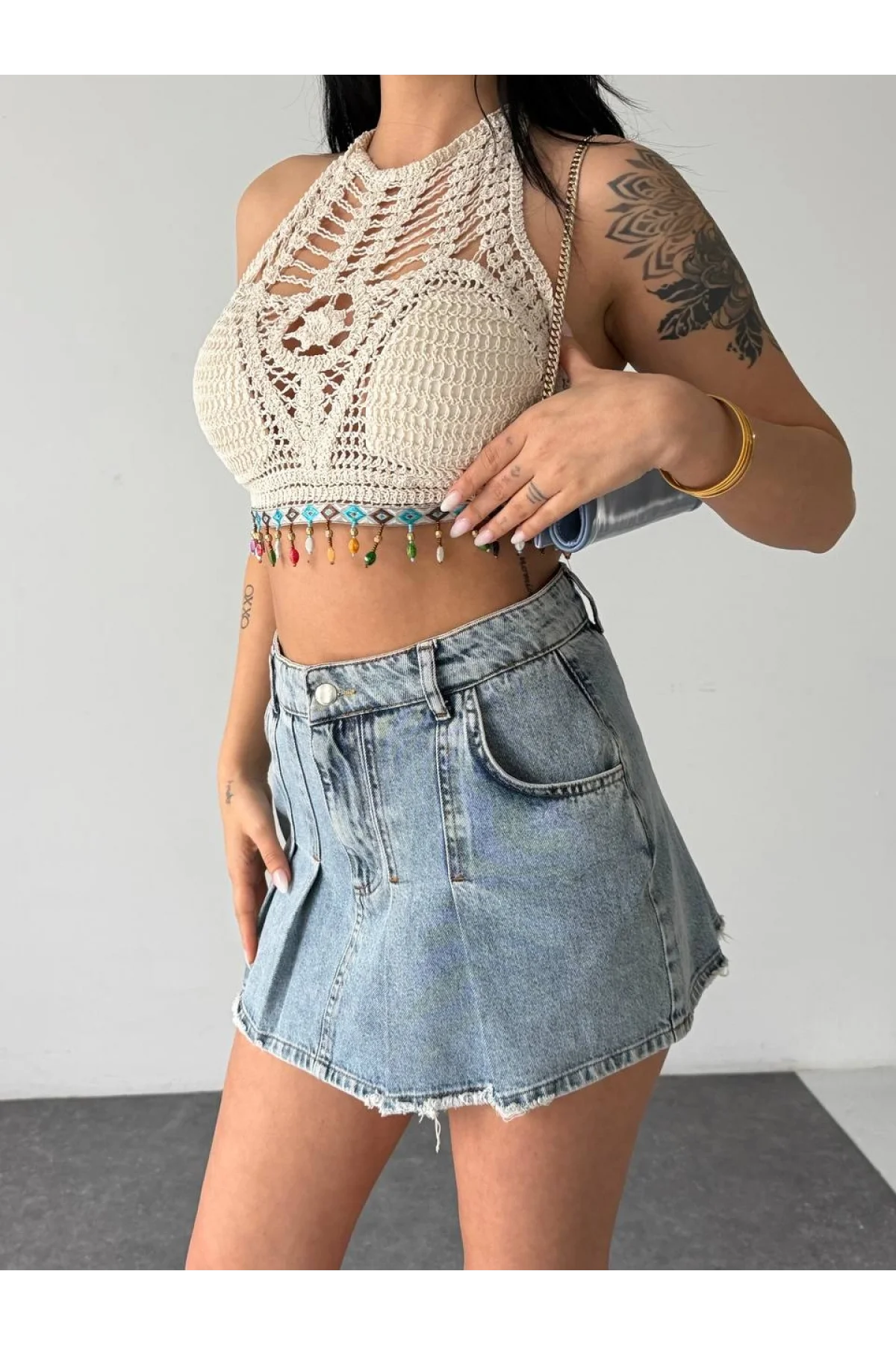 Kadın Ekru Ajurlu Kroşe Örgü Boncuk Detaylı Sırt Dekolteli Pinterest Crop Top