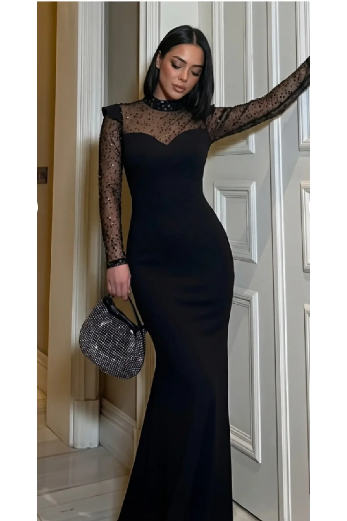 Kadın Siyah Balık Model Payet İşlemeli Tül Detaylı Uzun Abiye Elbise