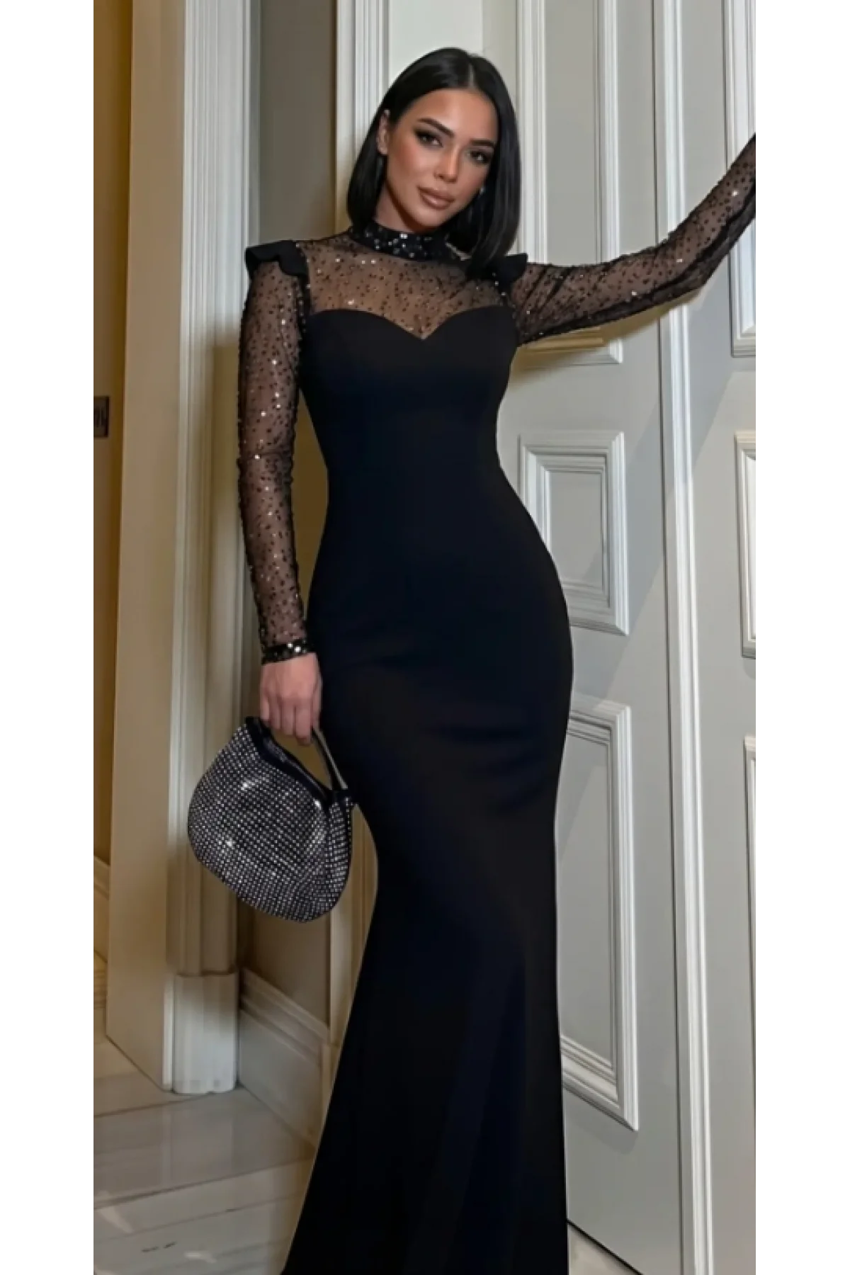 Kadın Siyah Balık Model Payet İşlemeli Tül Detaylı Uzun Abiye Elbise