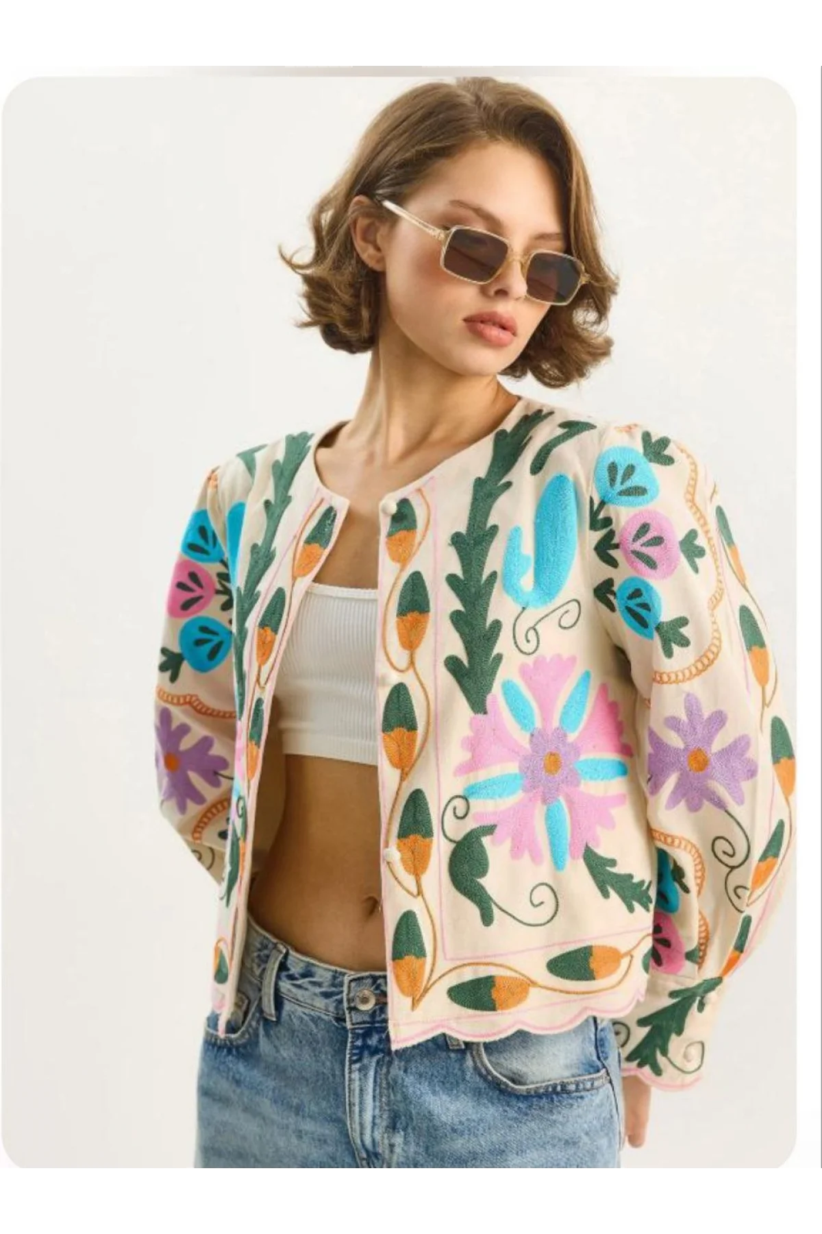 Kadın Bej Pinterest Suzani Renkli Nakışlı Fisto Kenarlı Pinterest Keten Bomber Ceket