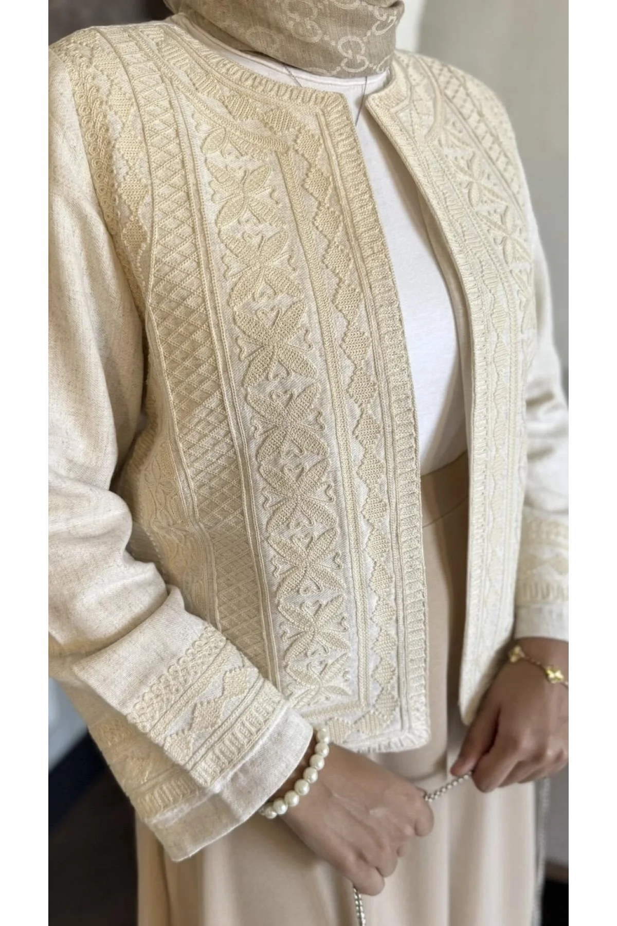 Kadın Krem Pinterest Etnik Nakışlı Astarlı Keten Ceket Bohem Ceket