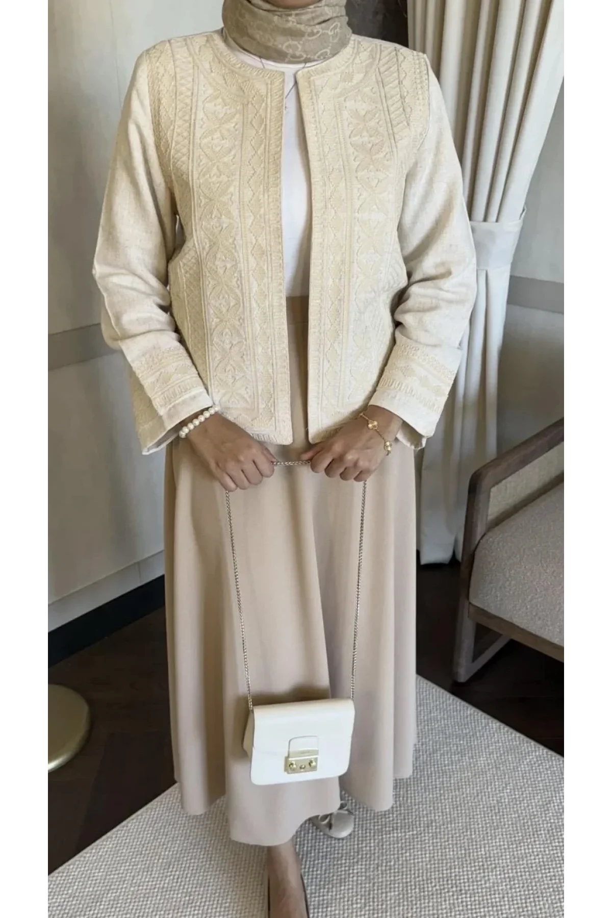 Kadın Krem Pinterest Etnik Nakışlı Astarlı Keten Ceket Bohem Ceket