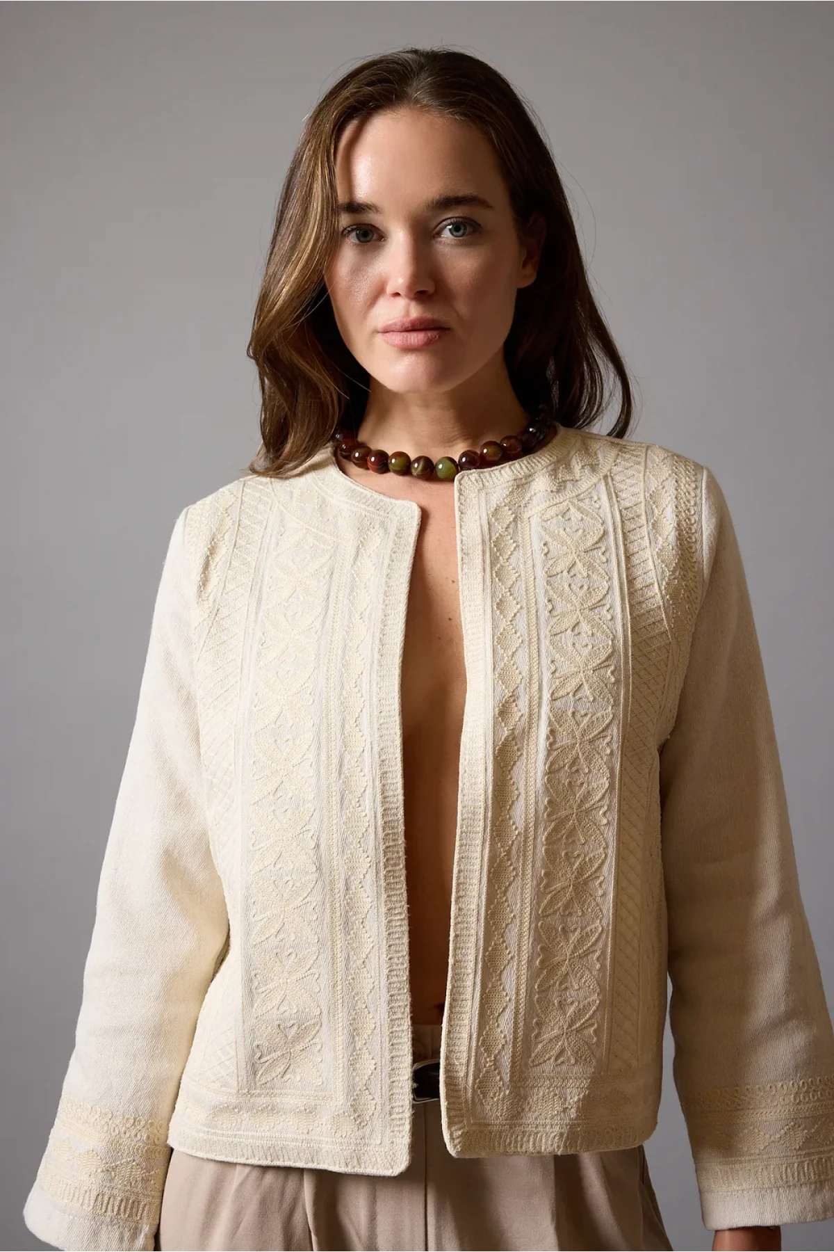 Kadın Krem Pinterest Etnik Nakışlı Astarlı Keten Ceket Bohem Ceket