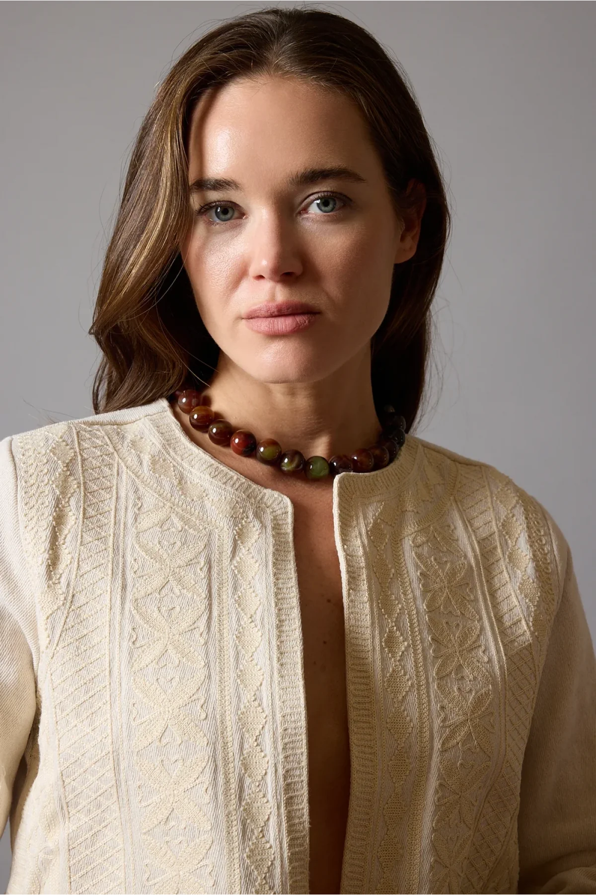 Kadın Krem Pinterest Etnik Nakışlı Astarlı Keten Ceket Bohem Ceket