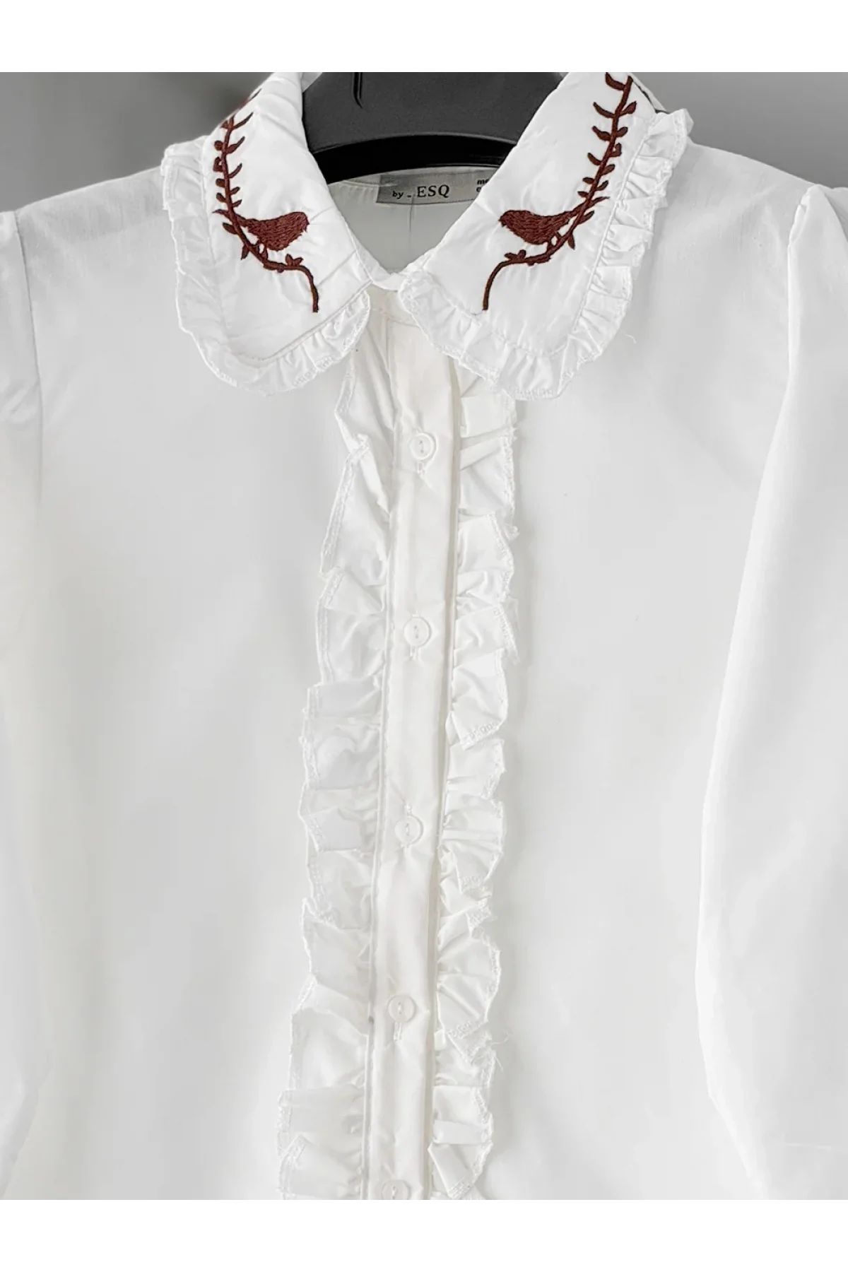 Kadın Beyaz Yaka Kuş Nakışlı Fırfır Detaylı Uzun Kollu Keten Gömlek