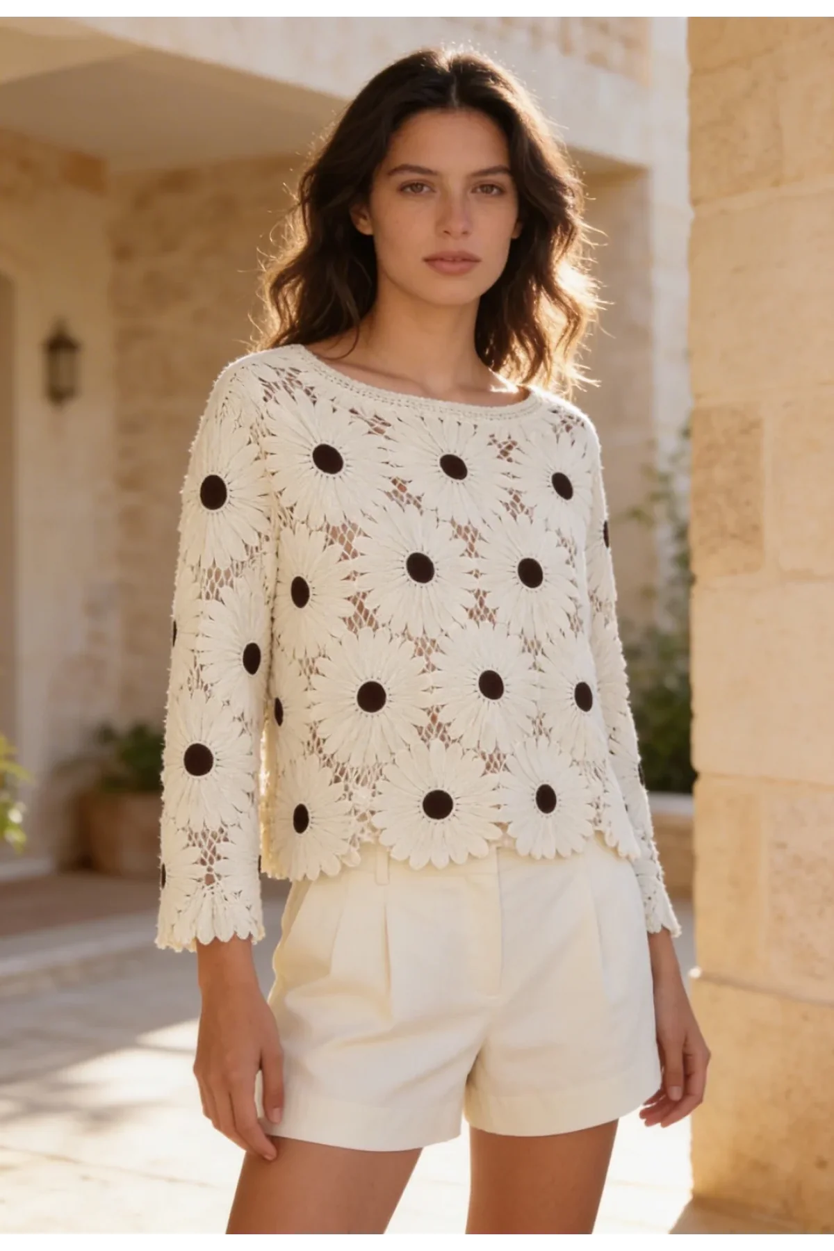 Kadın Ekru Papatya Nakışlı Lazer Kesim Ajurlu Uzun Kollu Bohem Bluz