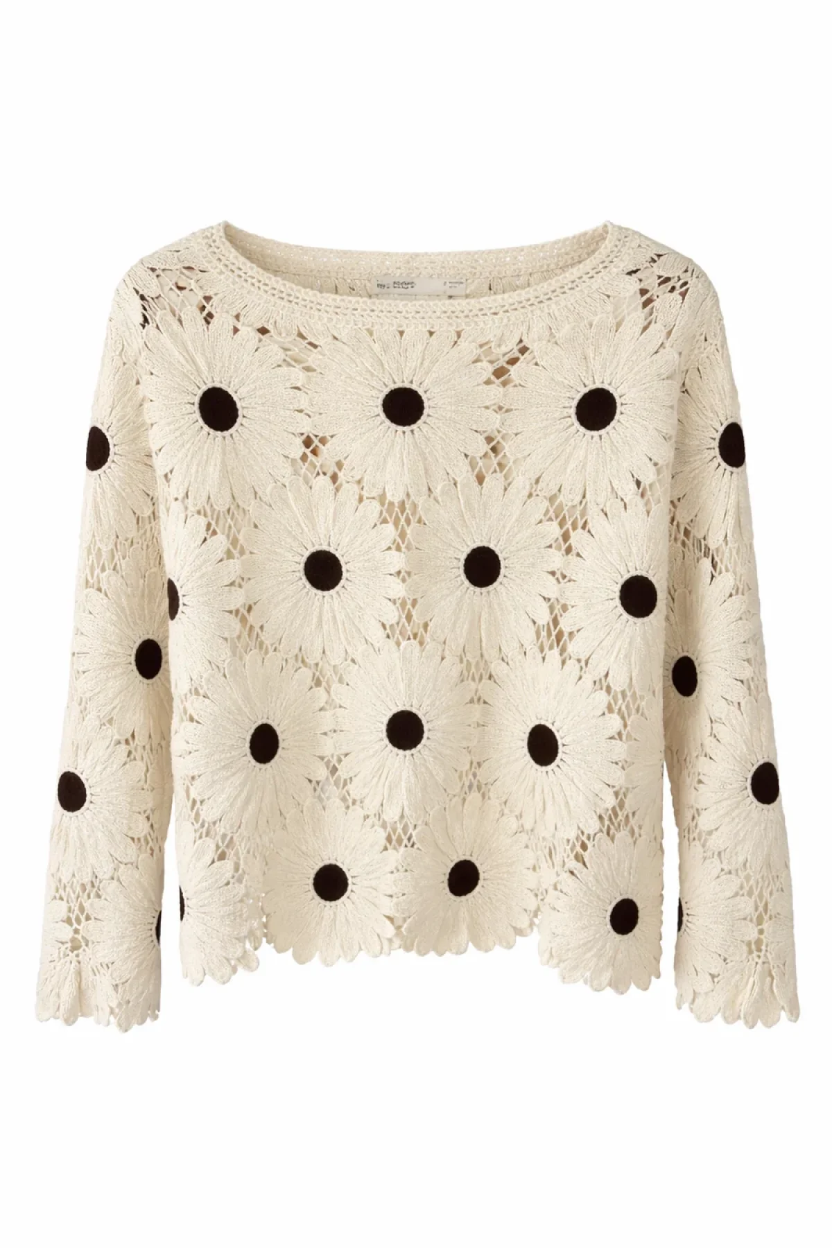 Kadın Ekru Papatya Nakışlı Lazer Kesim Ajurlu Uzun Kollu Bohem Bluz