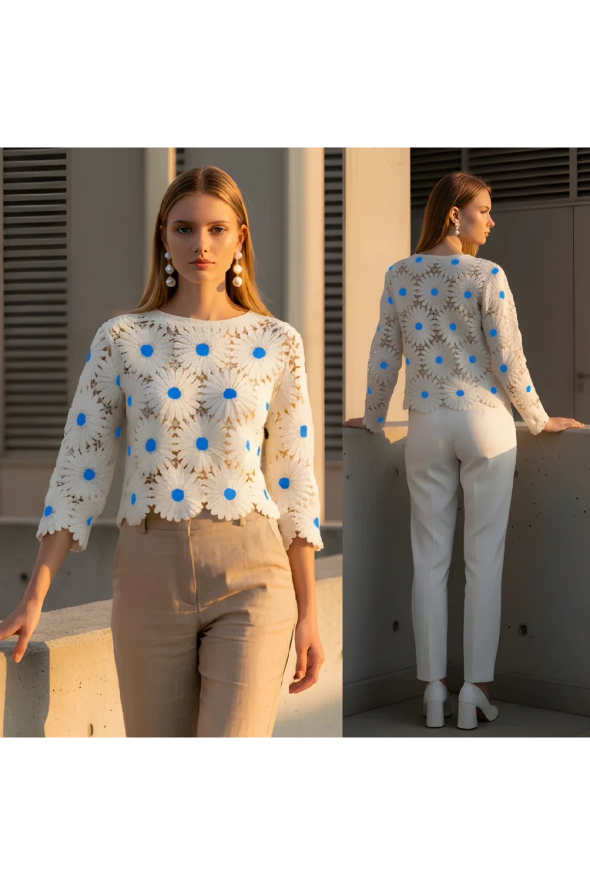 Kadın Ekru Saks Mavi Papatya Nakışlı Lazer Kesim Ajurlu Bohem Bluz