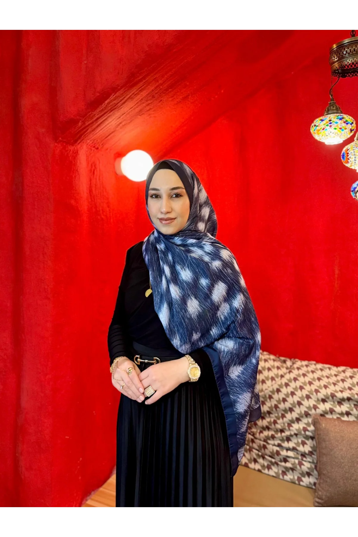 Kadın Lacivert Ekru Fırça Darbesi Desenli Yumuşak Dokulu Pamuklu Soft Şal