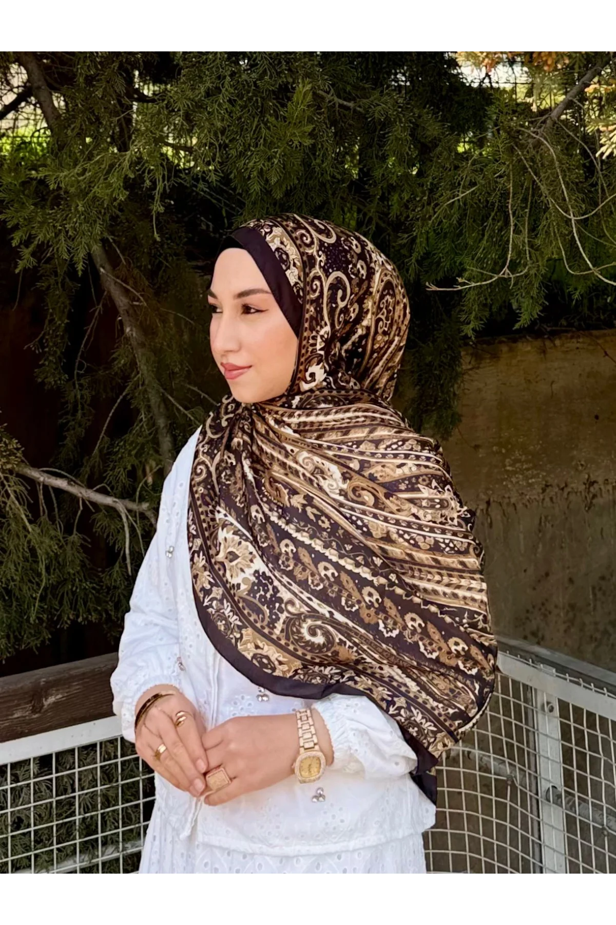 Kadın Koyu Kahve Etnik Desenli Yumuşak Dokulu Pamuklu Soft Şal