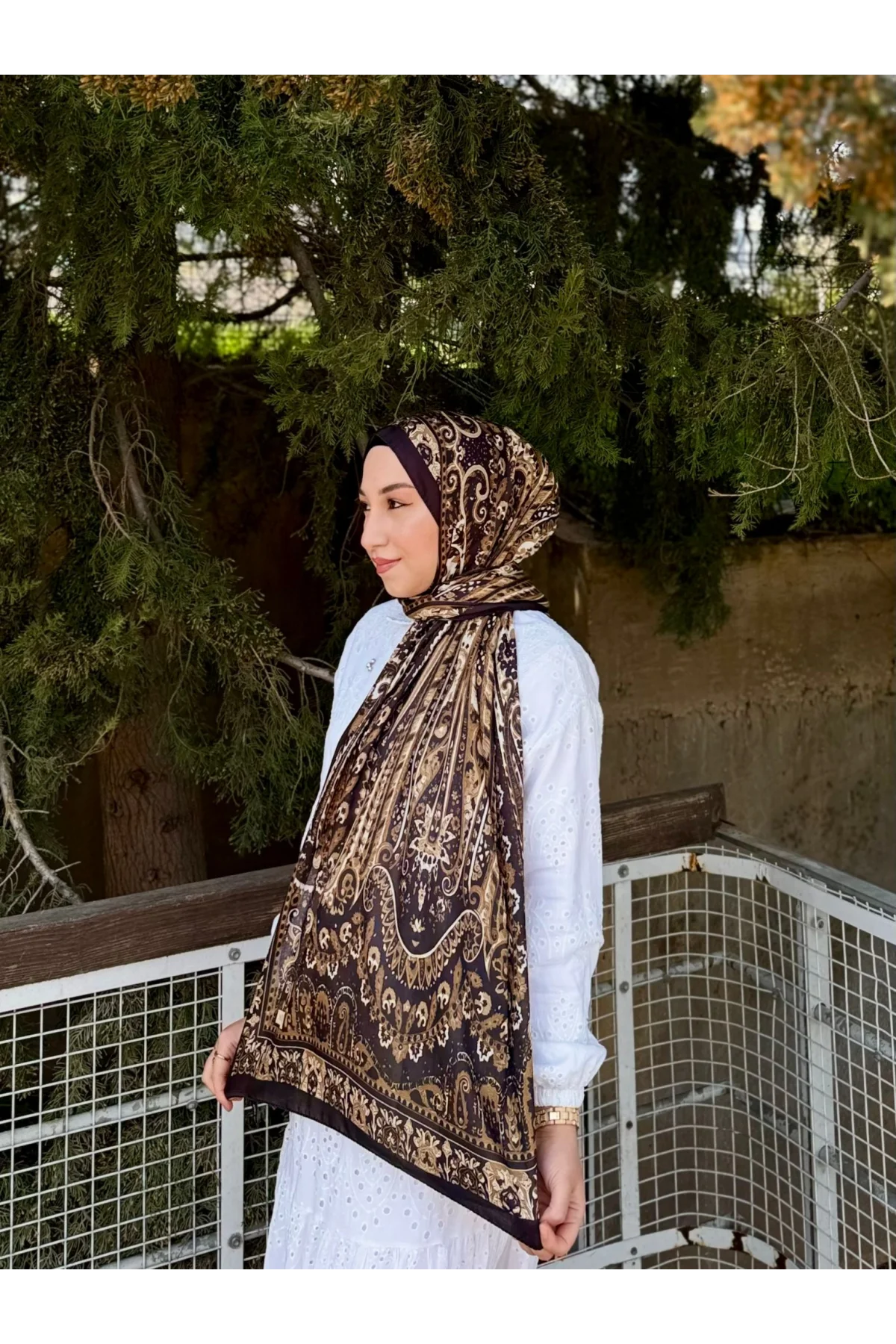 Kadın Koyu Kahve Etnik Desenli Yumuşak Dokulu Pamuklu Soft Şal