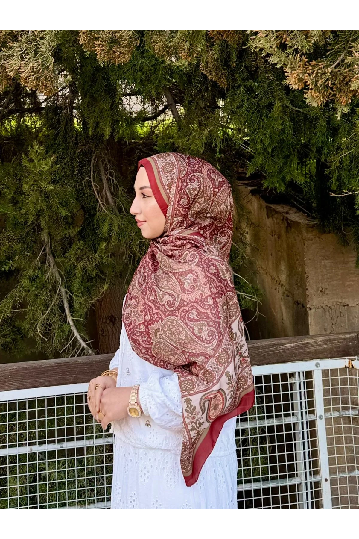 Kadın Bordo Kiremit Etnik Paisley Desenli Yumuşak Dokulu Pamuklu Soft Şal