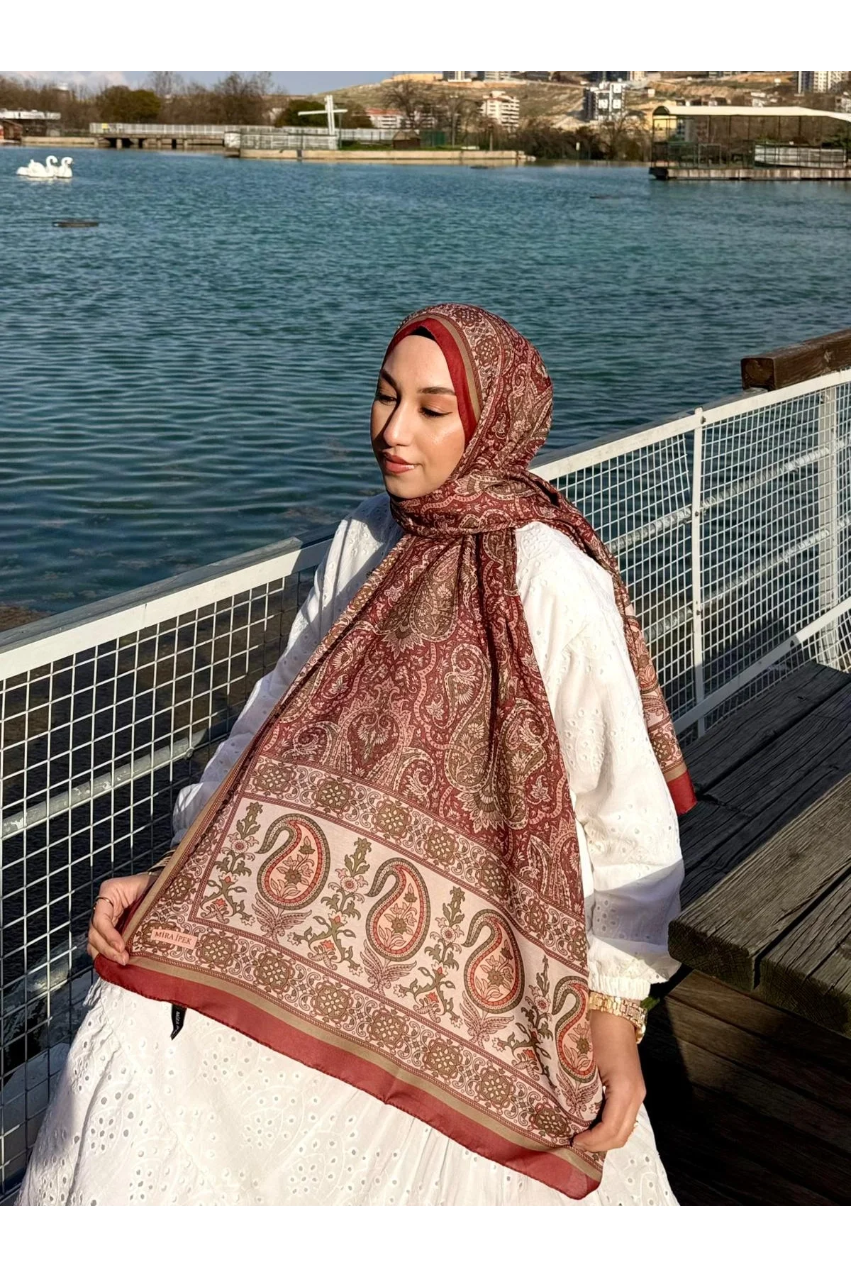 Kadın Bordo Kiremit Etnik Paisley Desenli Yumuşak Dokulu Pamuklu Soft Şal