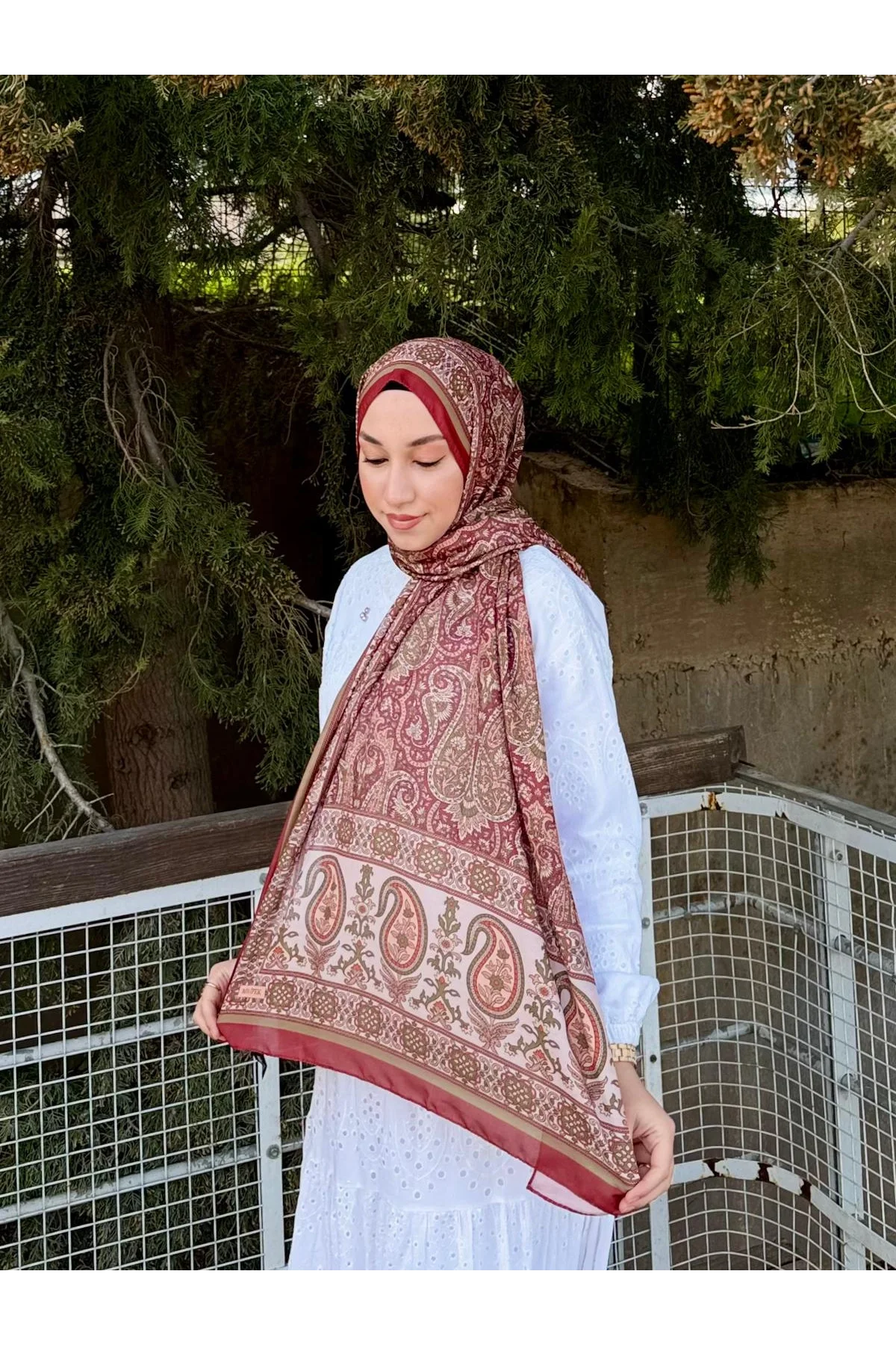 Kadın Bordo Kiremit Etnik Paisley Desenli Yumuşak Dokulu Pamuklu Soft Şal