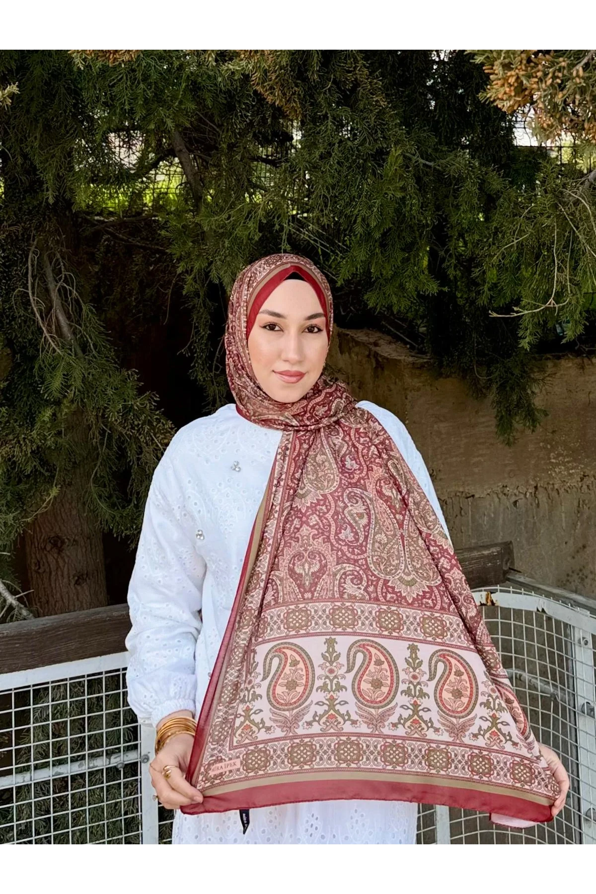 Kadın Bordo Kiremit Etnik Paisley Desenli Yumuşak Dokulu Pamuklu Soft Şal