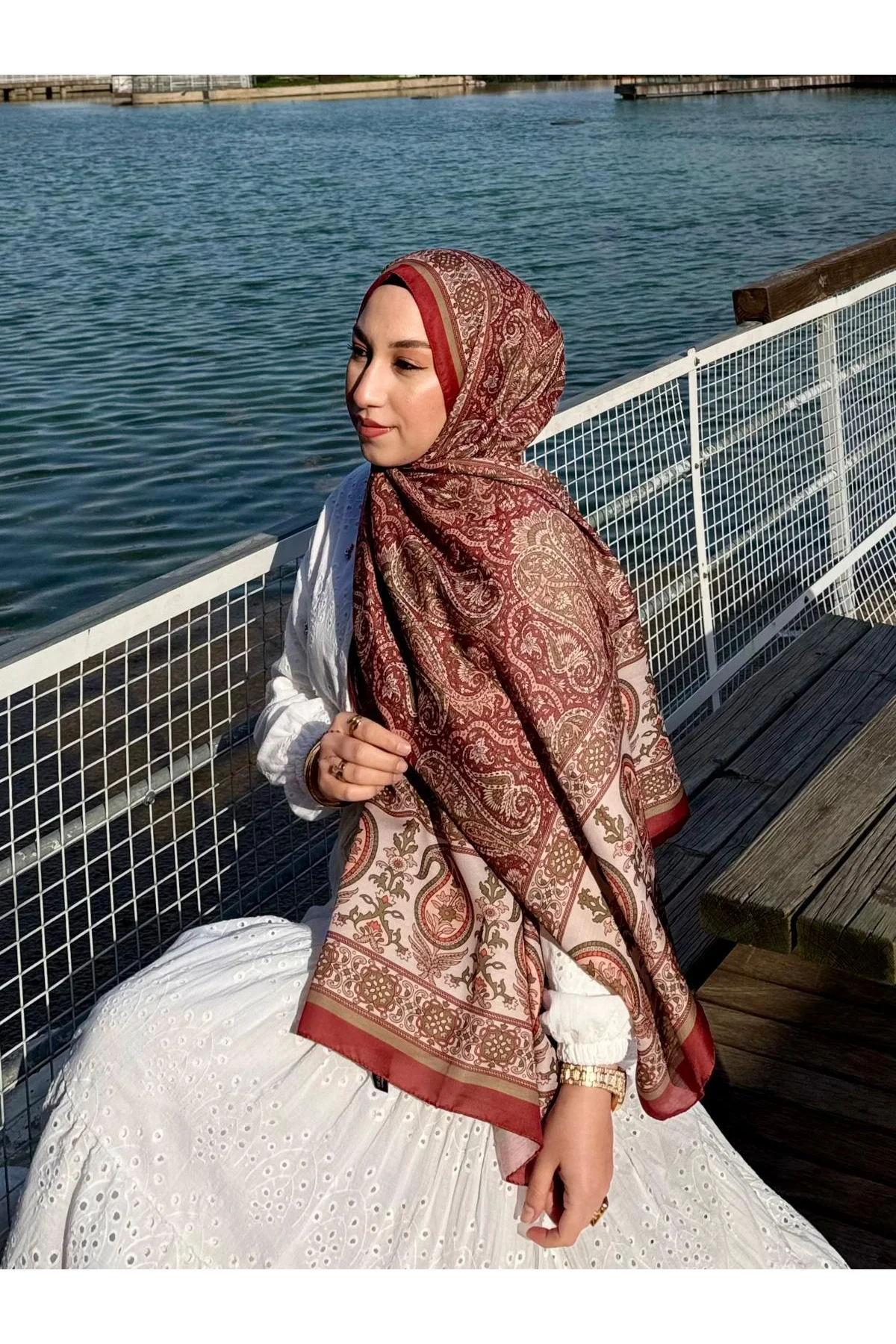 Kadın Bordo Kiremit Etnik Paisley Desenli Yumuşak Dokulu Pamuklu Soft Şal