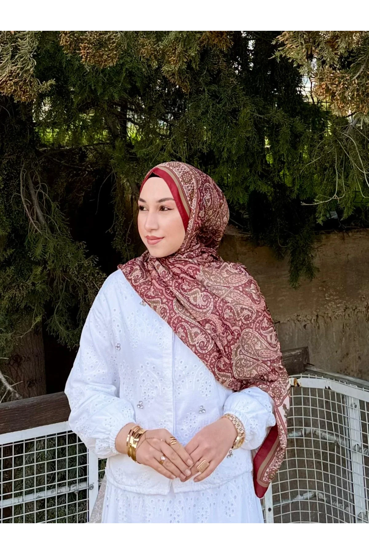 Kadın Bordo Kiremit Etnik Paisley Desenli Yumuşak Dokulu Pamuklu Soft Şal