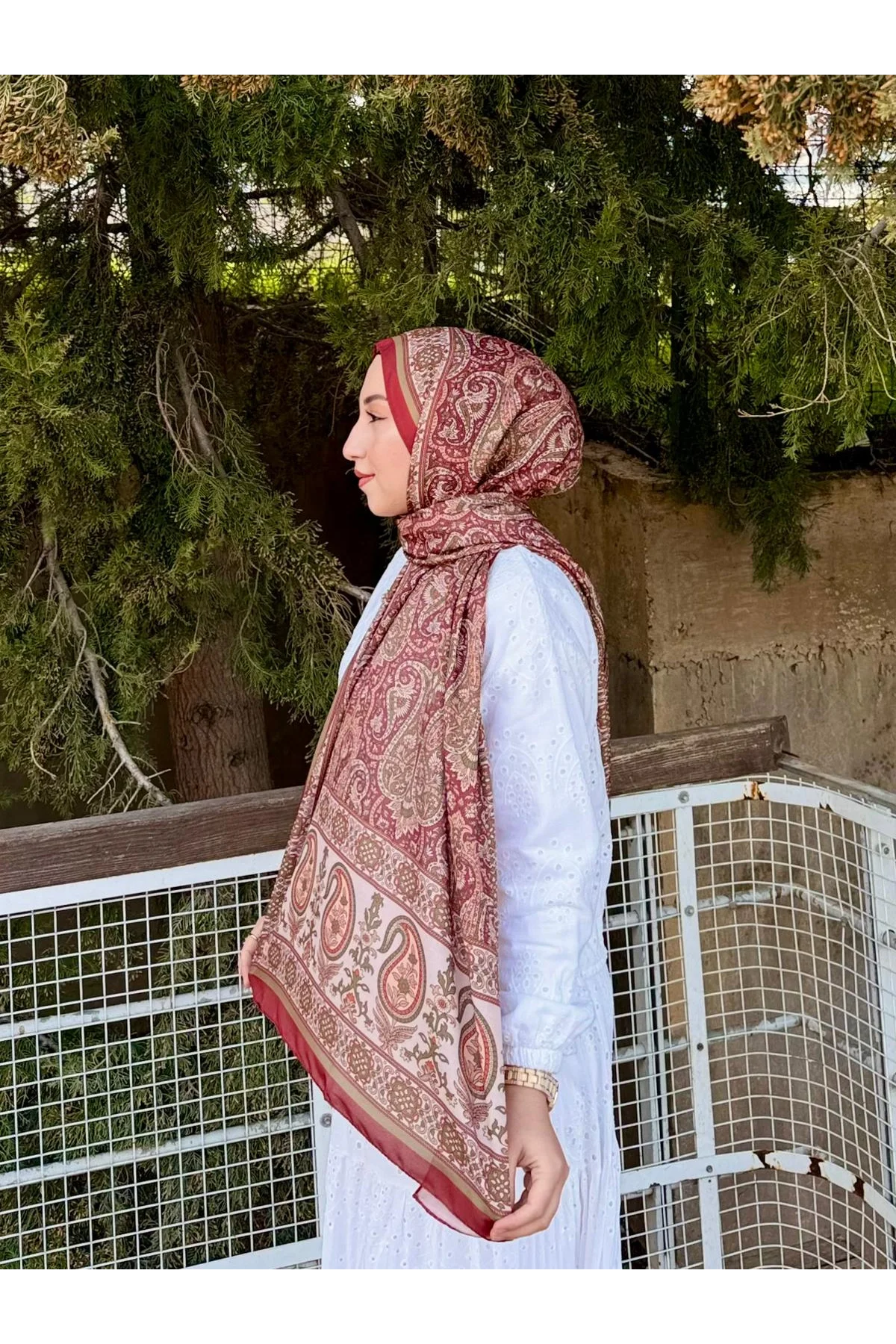 Kadın Bordo Kiremit Etnik Paisley Desenli Yumuşak Dokulu Pamuklu Soft Şal