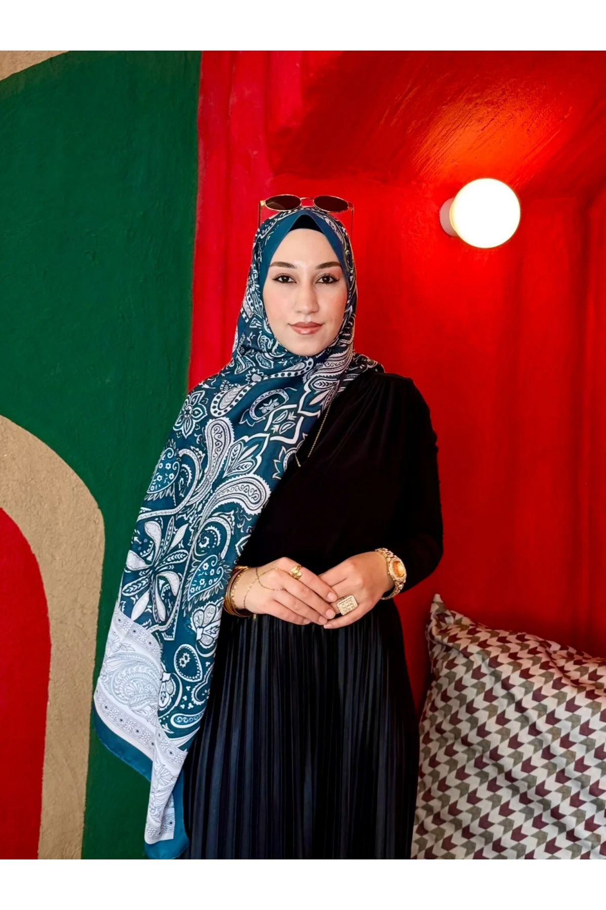 Kadın Petrol Mavisi Etnik Paisley Desenli Yumuşak Dokulu Pamuklu Soft Şal