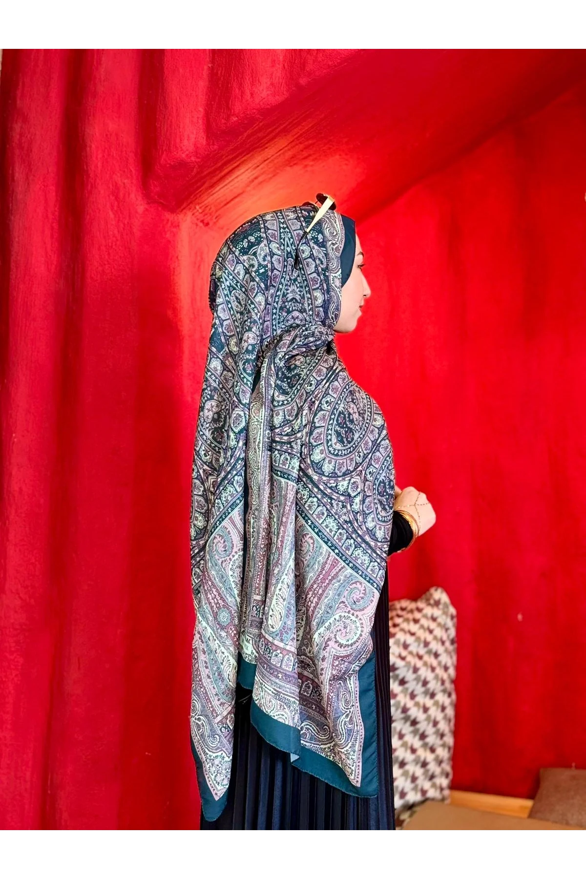 Kadın Petrol Mürdüm Etnik Paisley Desenli Yumuşak Dokulu Pamuklu Soft Şal