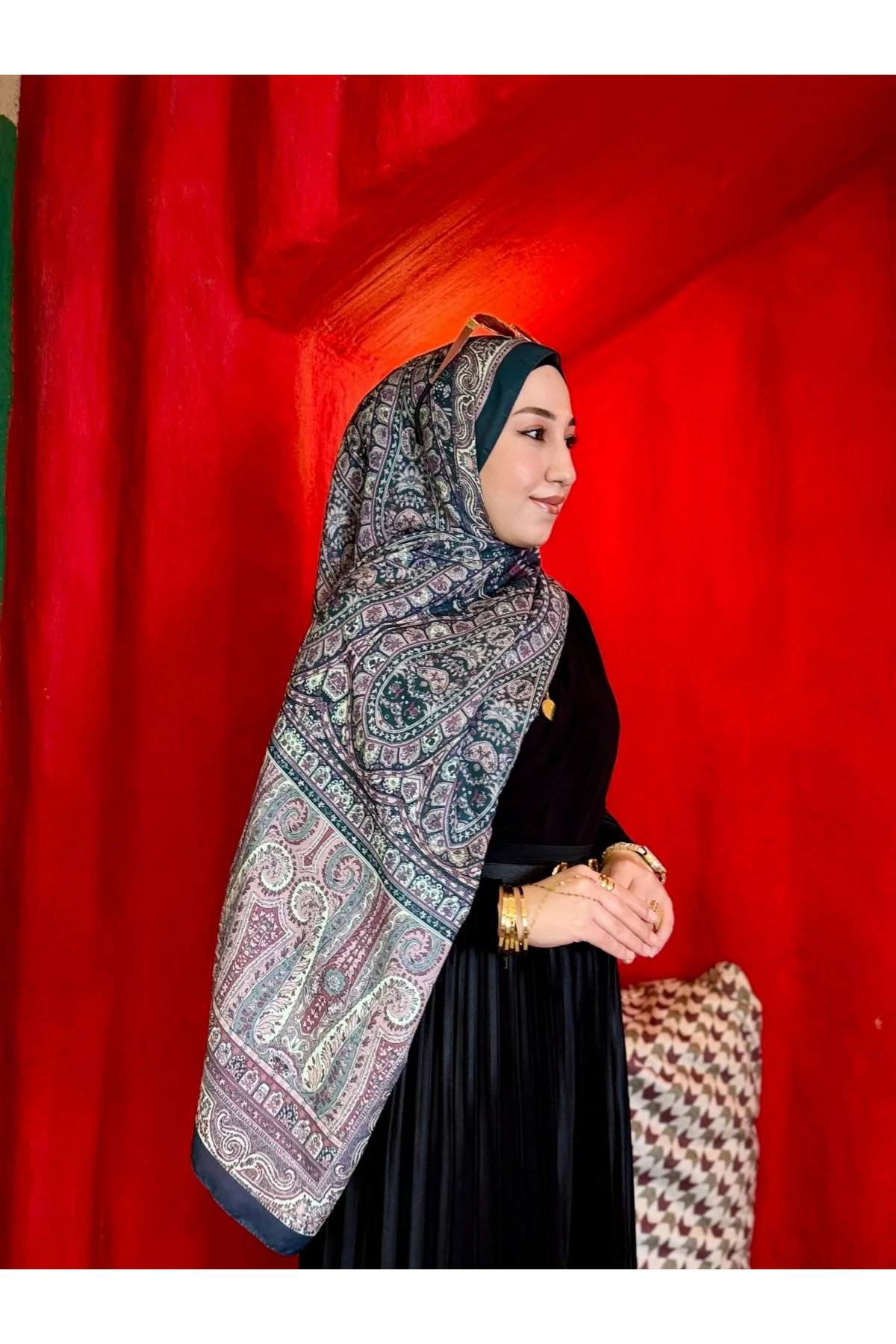 Kadın Petrol Mürdüm Etnik Paisley Desenli Yumuşak Dokulu Pamuklu Soft Şal