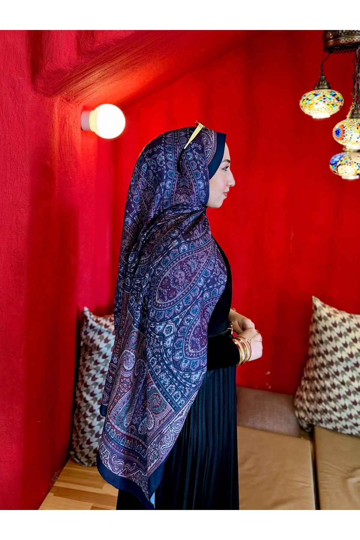 Kadın Mor Mürdüm Etnik Paisley Desenli Yumuşak Dokulu Pamuklu Soft Şal