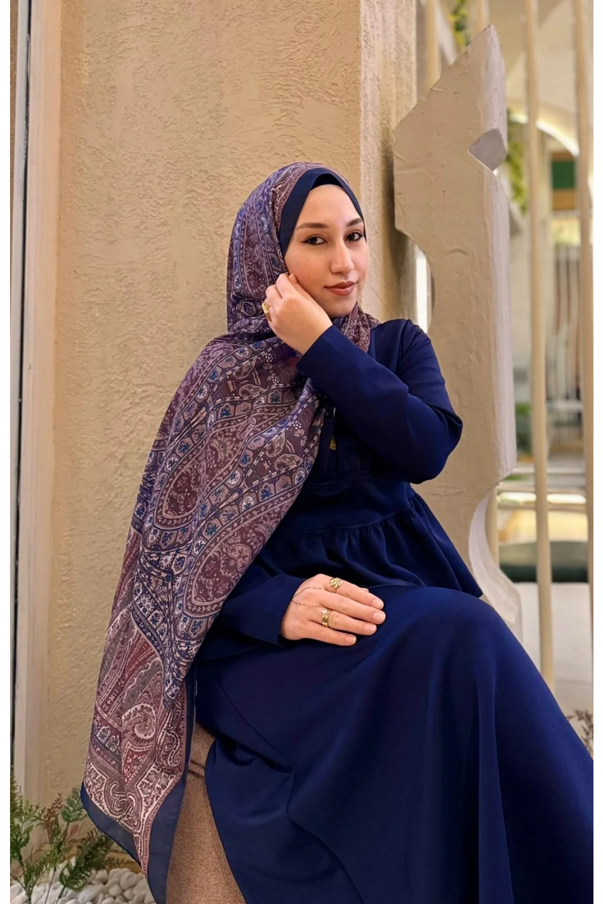 Kadın Kahve Saks Mavi Etnik Paisley Desenli Yumuşak Dokulu Pamuklu Soft Şal