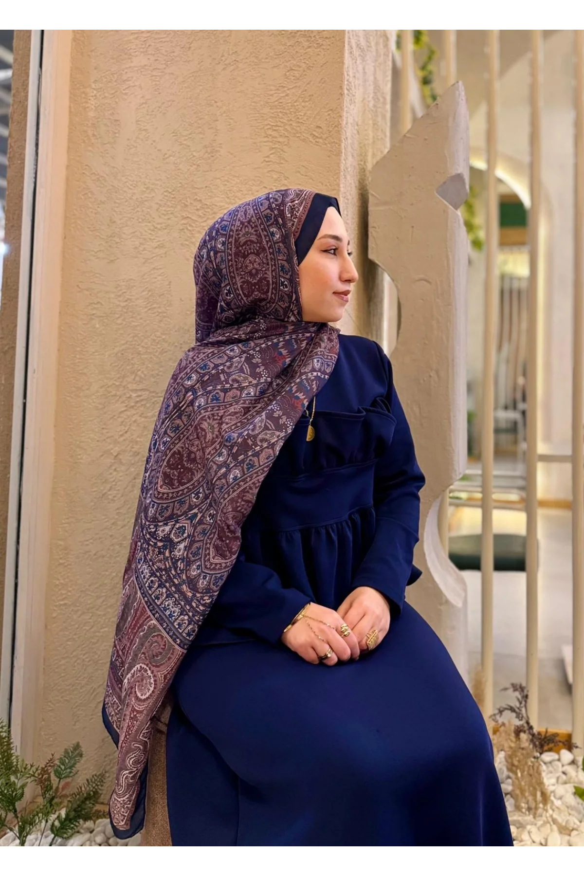 Kadın Kahve Saks Mavi Etnik Paisley Desenli Yumuşak Dokulu Pamuklu Soft Şal