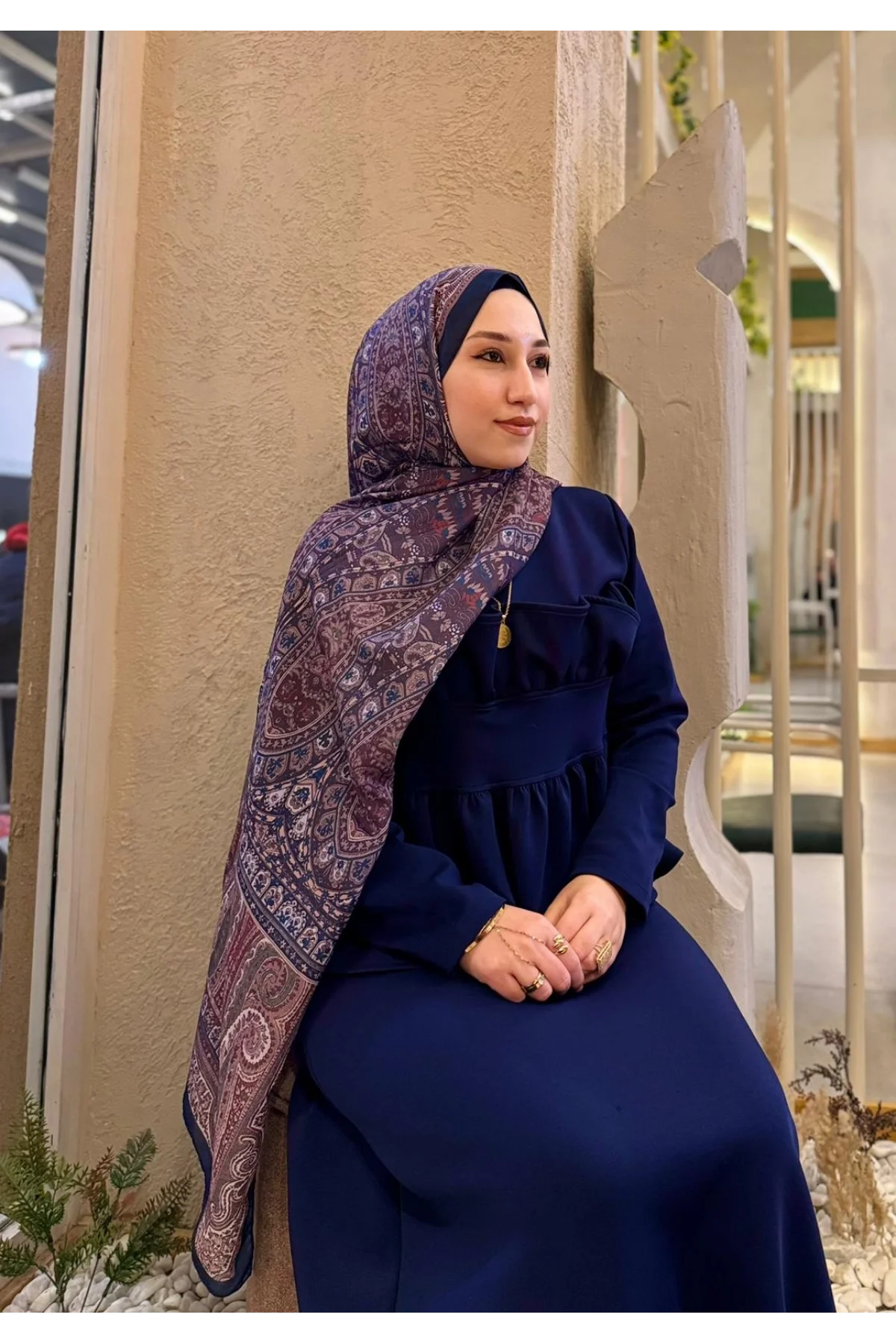 Kadın Kahve Saks Mavi Etnik Paisley Desenli Yumuşak Dokulu Pamuklu Soft Şal