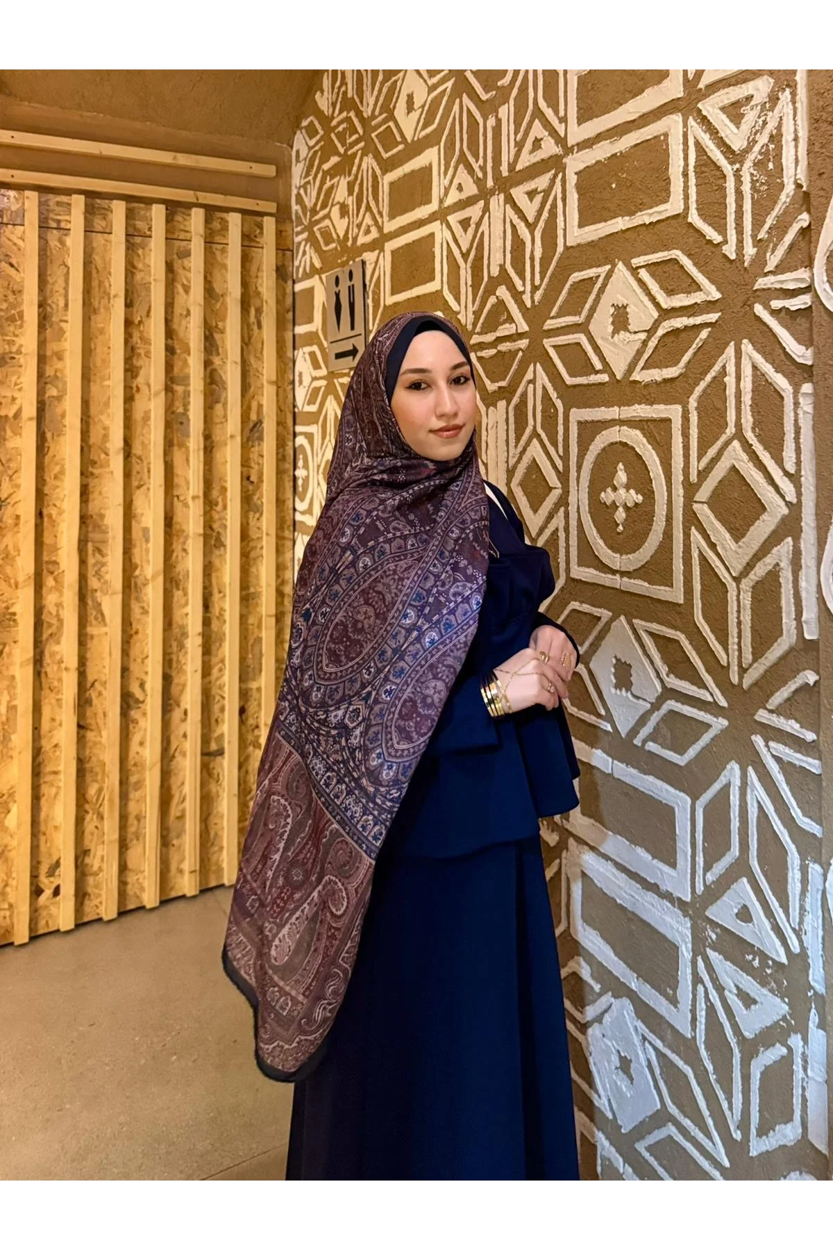 Kadın Kahve Saks Mavi Etnik Paisley Desenli Yumuşak Dokulu Pamuklu Soft Şal