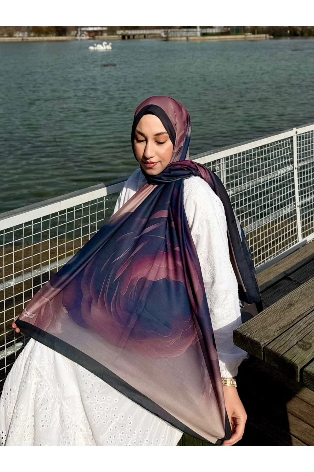 Kadın Antrasit Mürdüm Gül Desenli Yumuşak Dokulu Pamuklu Soft Şal