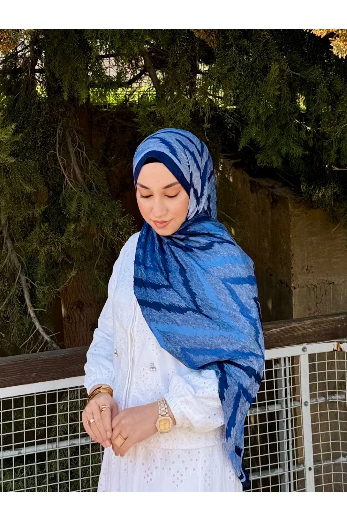 Kadın Mavi Lacivert Zikzak Desenli Yumuşak Dokulu Pamuklu Bambu Şal