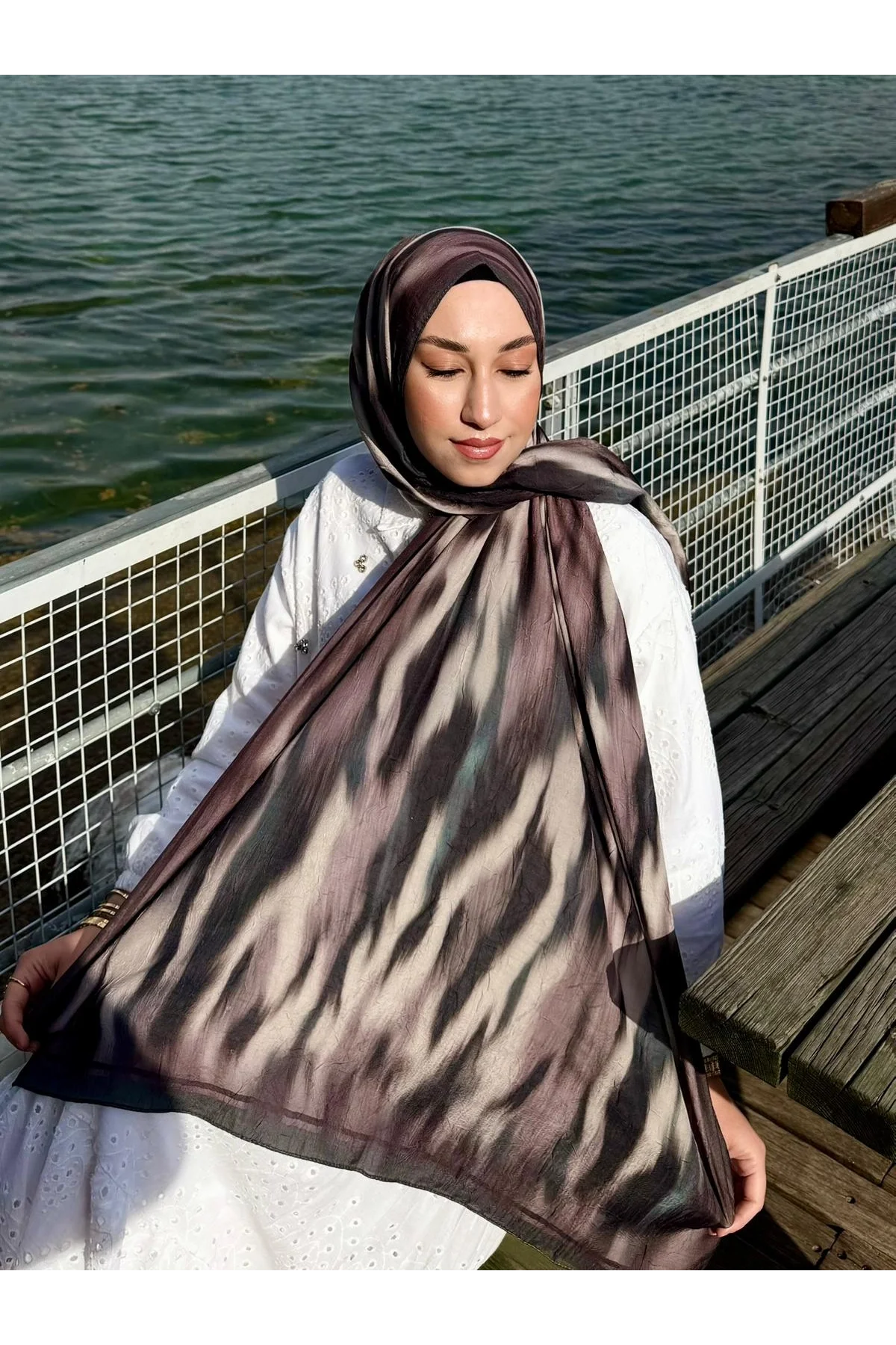 Kadın Kahverengi Vizon Fırça Darbesi Desenli Yumuşak Dokulu Pamuklu Bambu Şal