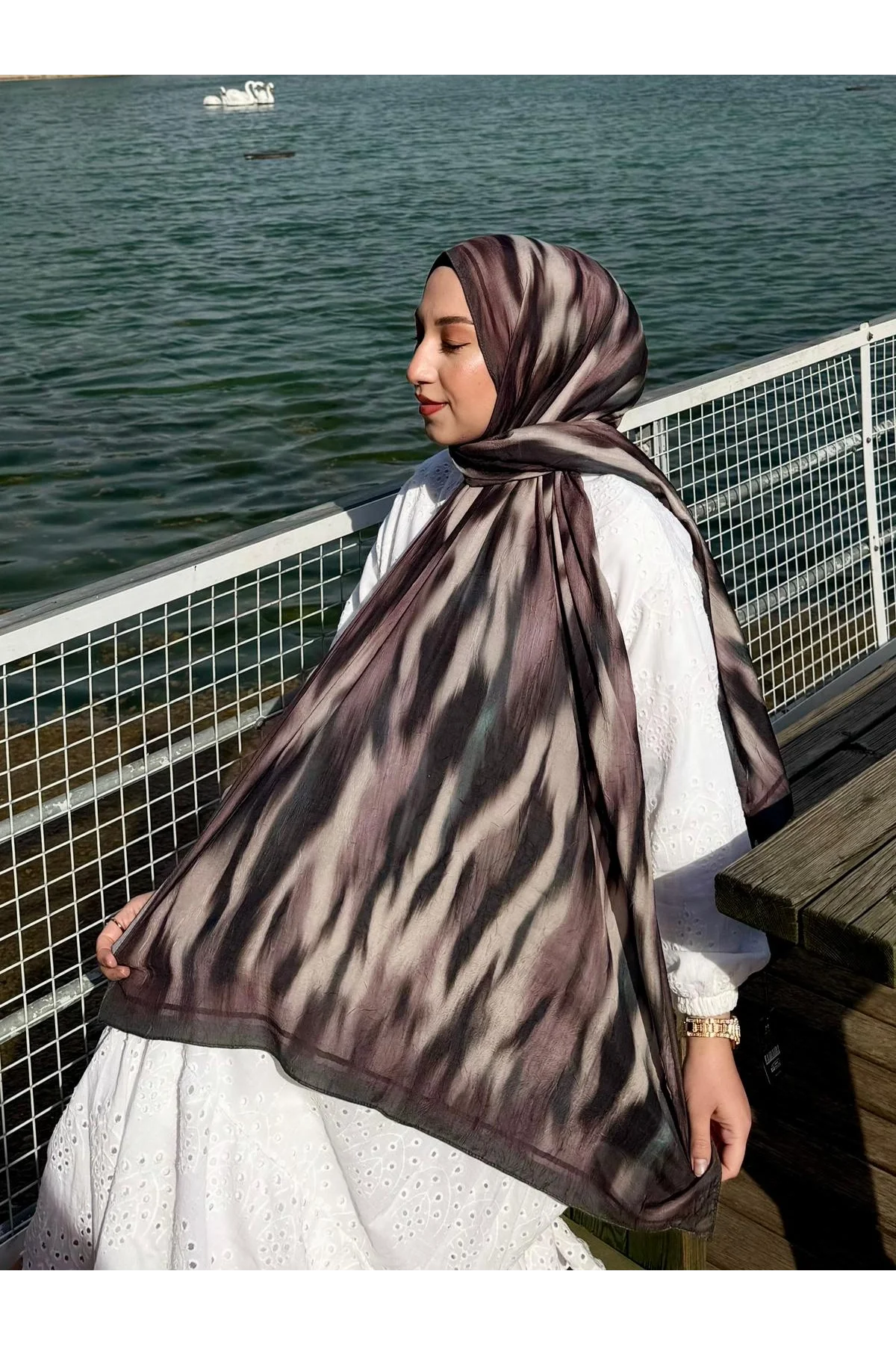 Kadın Kahverengi Vizon Fırça Darbesi Desenli Yumuşak Dokulu Pamuklu Bambu Şal