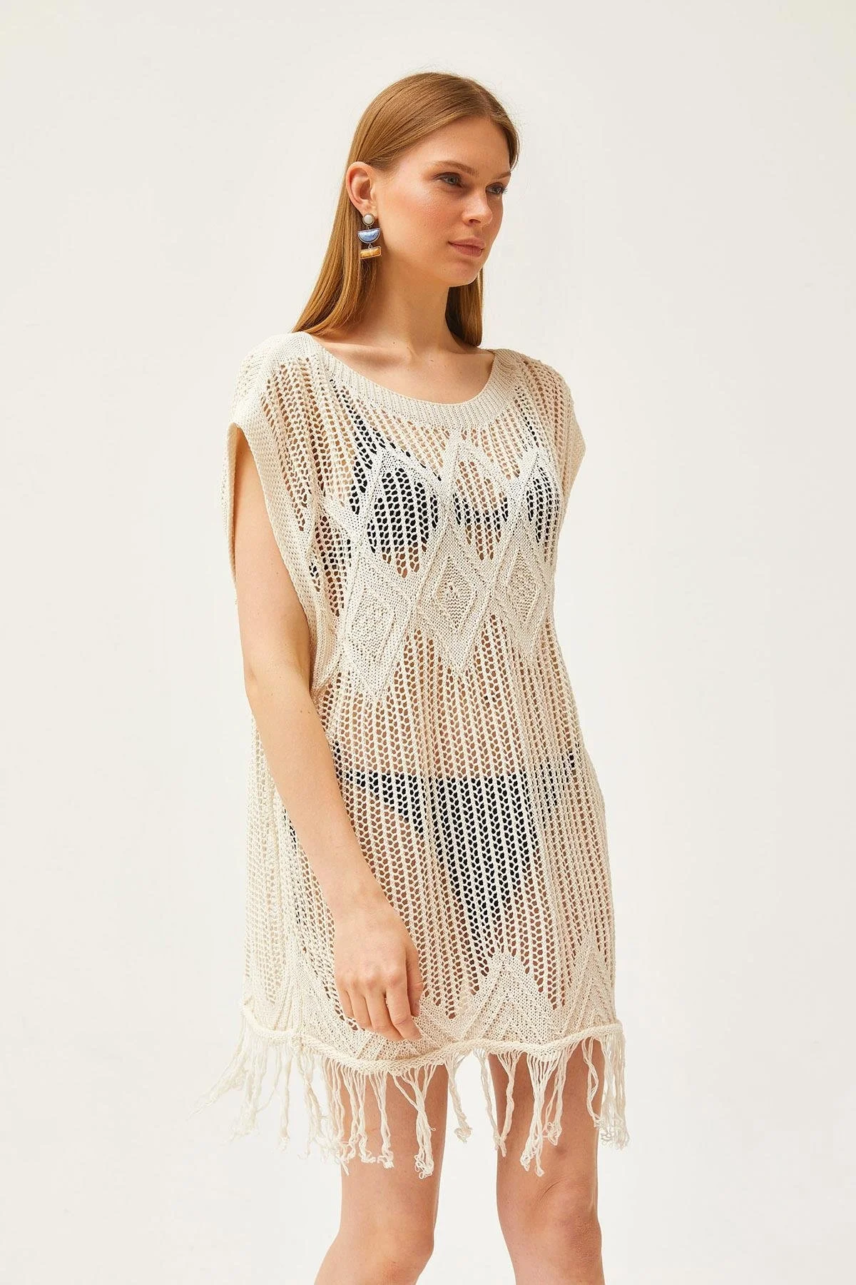 Kadın Bej Ajurlu Bohem Örme Püsküllü Kolsuz Bluz Plaj Elbisesi