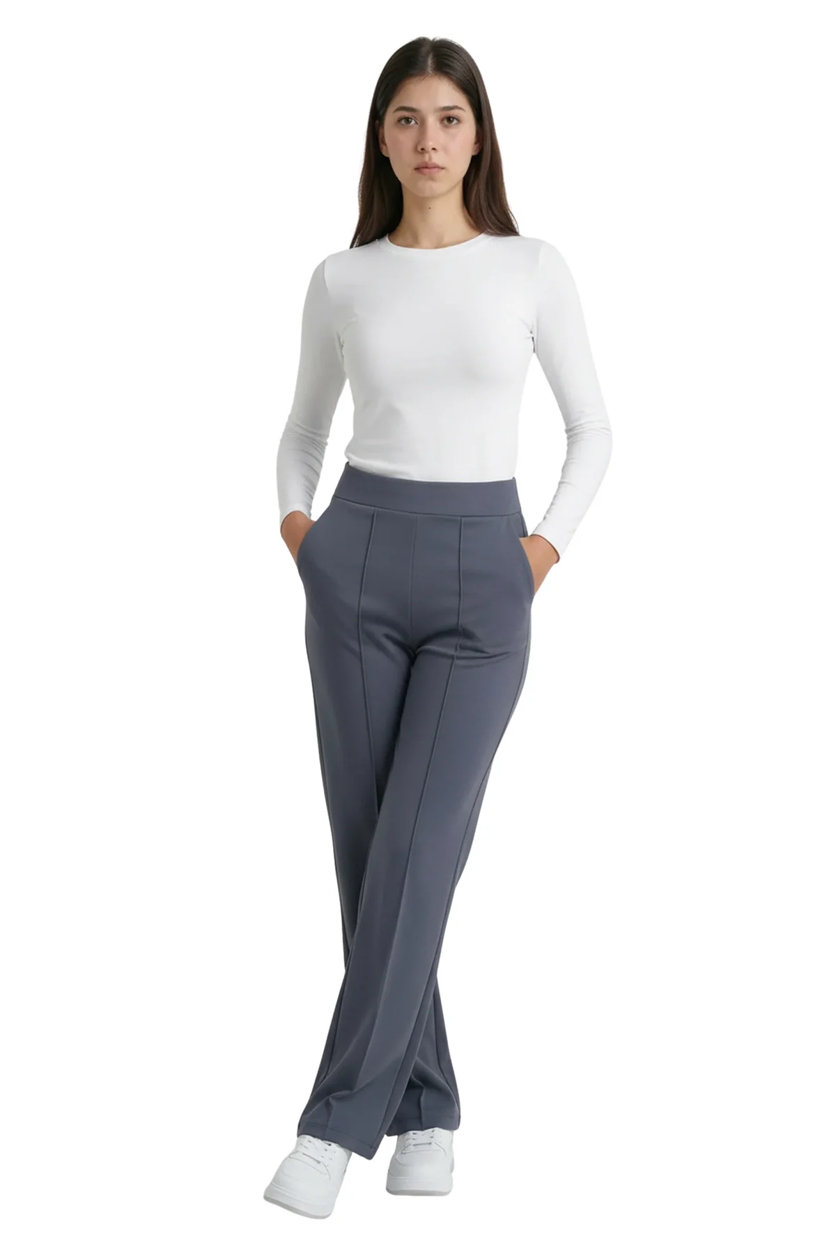 Kadın Antrasit Yüksek Bel Çimalı Dökümlü Krep Pantolon Esnek Geniş Paça