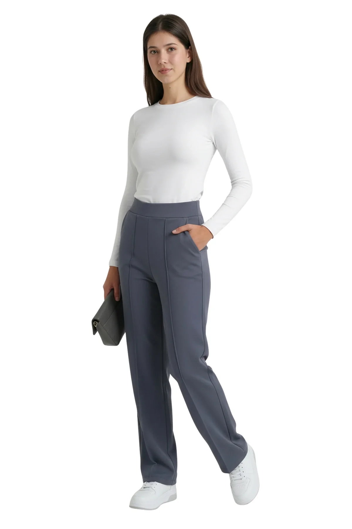 Kadın Antrasit Yüksek Bel Çimalı Dökümlü Krep Pantolon Esnek Geniş Paça