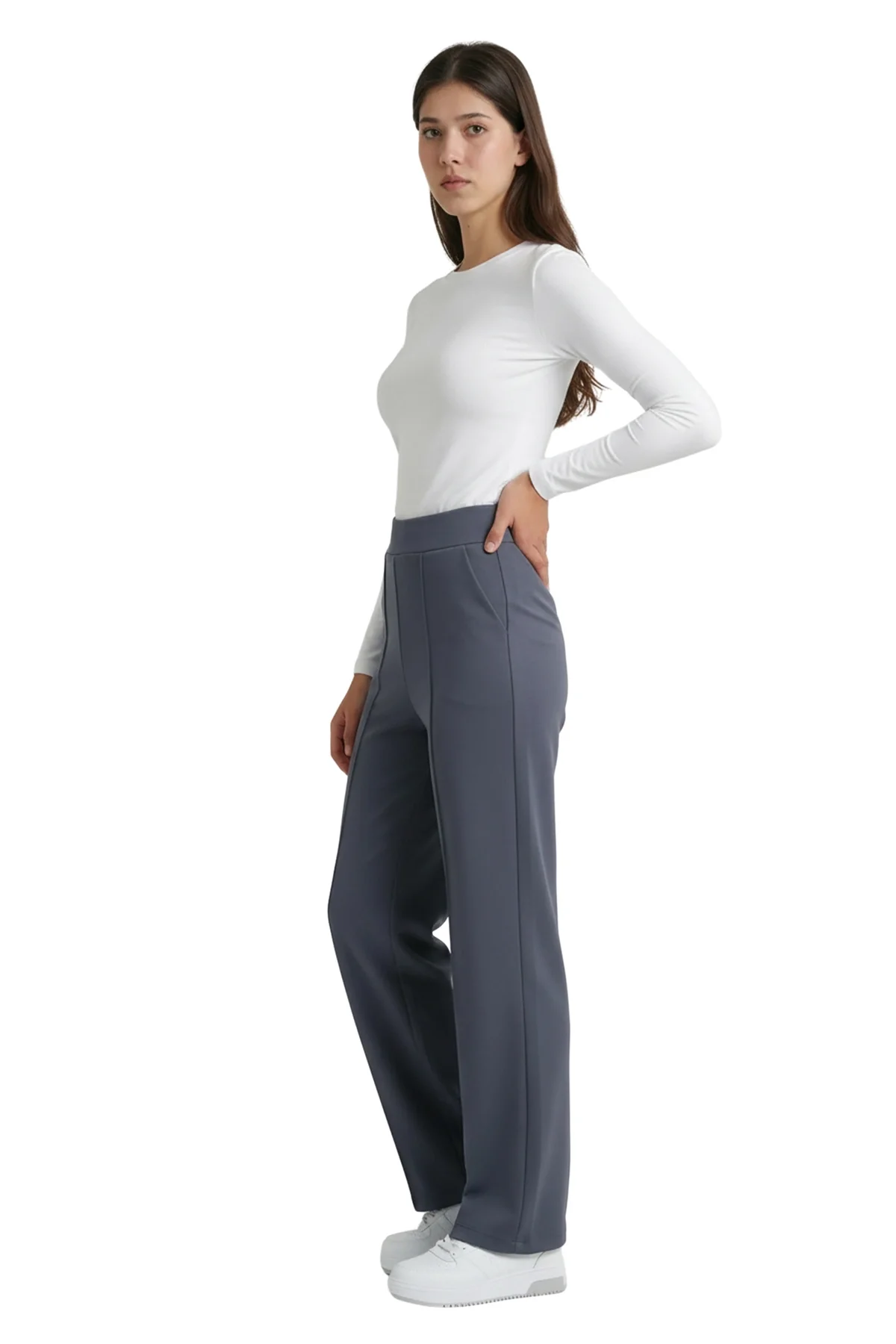 Kadın Antrasit Yüksek Bel Çimalı Dökümlü Krep Pantolon Esnek Geniş Paça