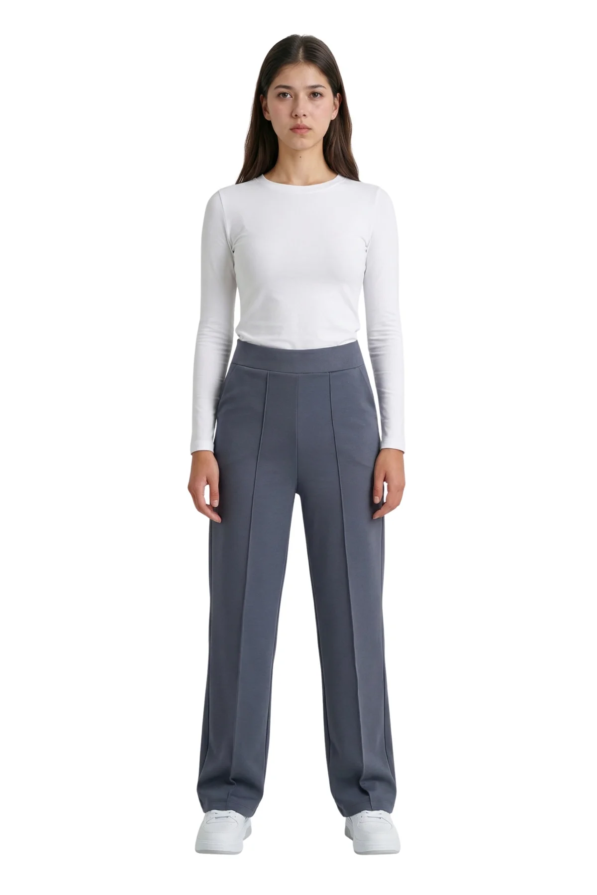 Kadın Antrasit Yüksek Bel Çimalı Dökümlü Krep Pantolon Esnek Geniş Paça