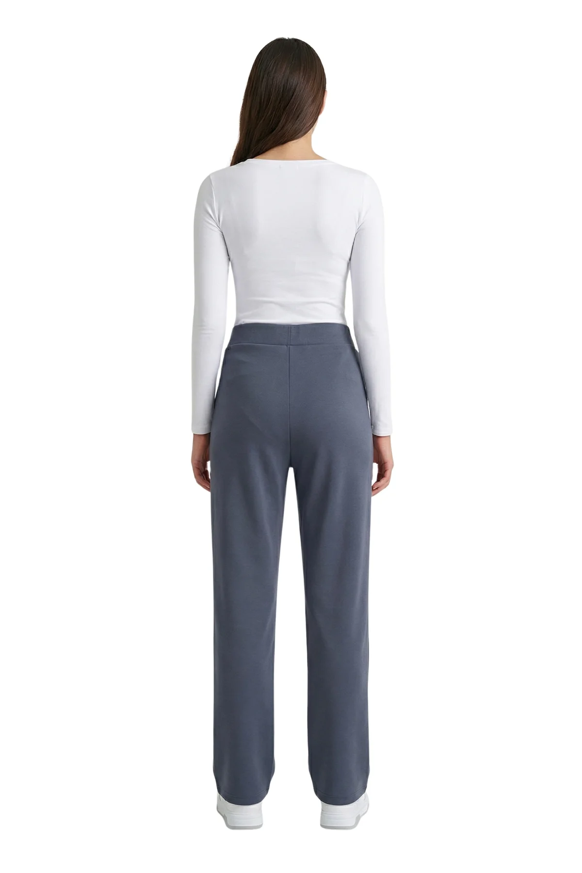 Kadın Antrasit Yüksek Bel Çimalı Dökümlü Krep Pantolon Esnek Geniş Paça