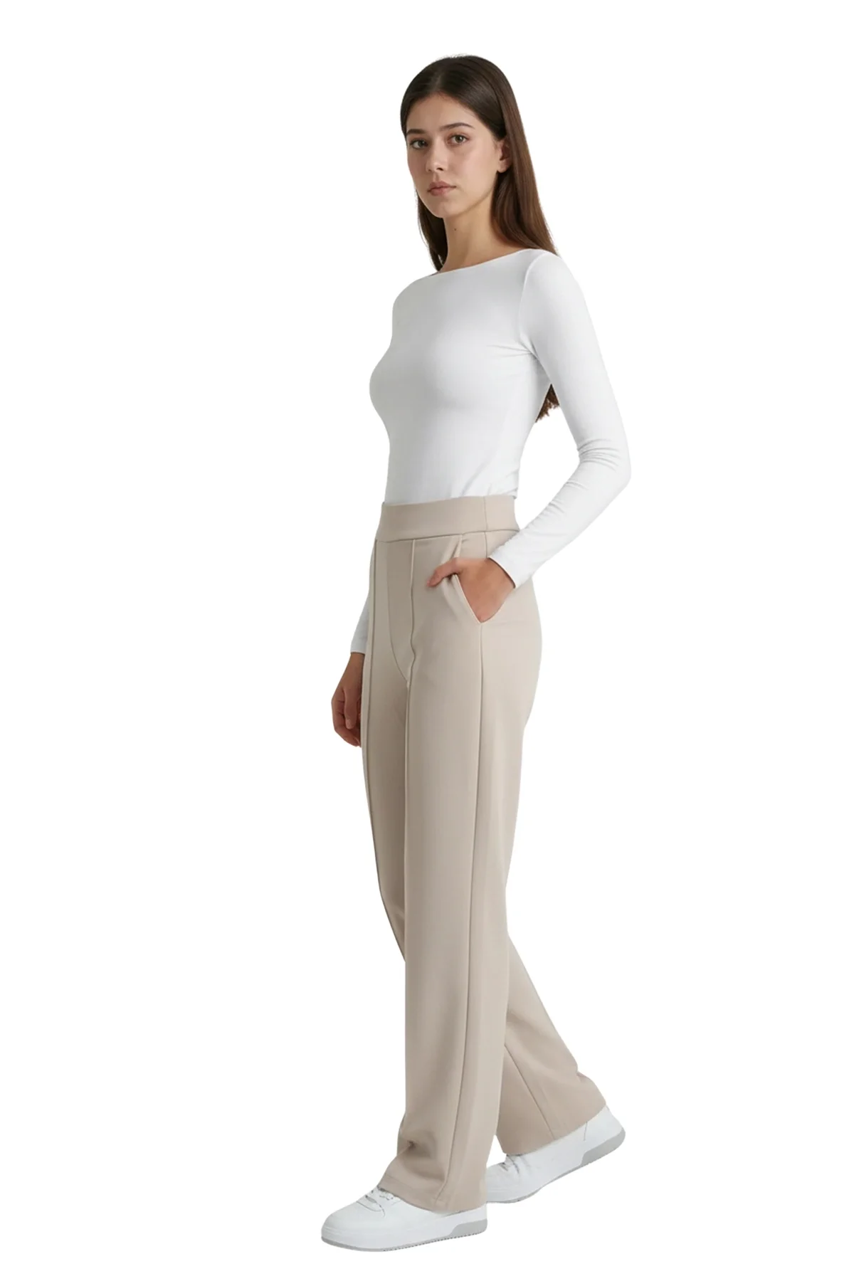 Kadın Bej Yüksek Bel Çimalı Dökümlü Krep Pantolon Esnek Geniş Paça