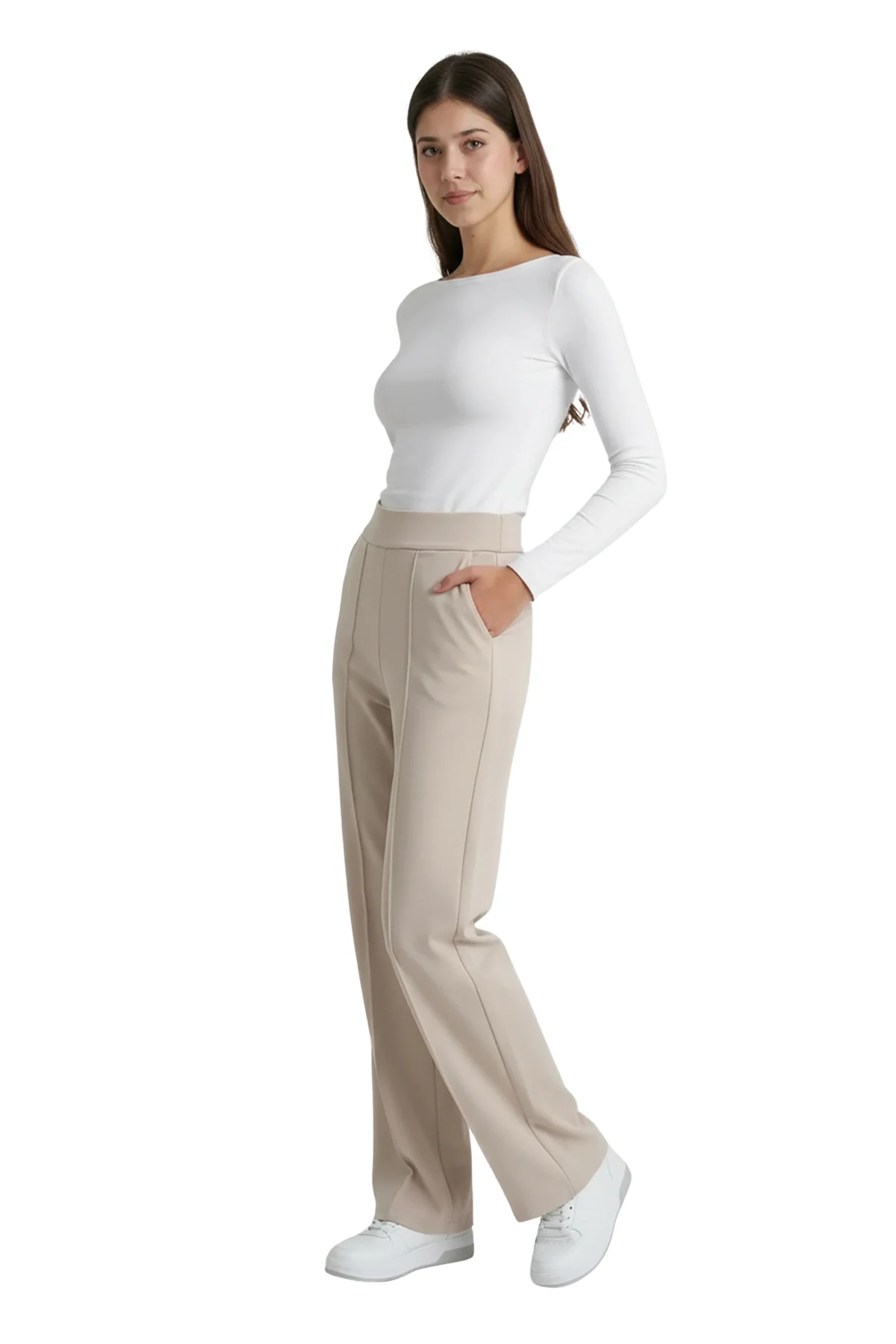 Kadın Bej Yüksek Bel Çimalı Dökümlü Krep Pantolon Esnek Geniş Paça