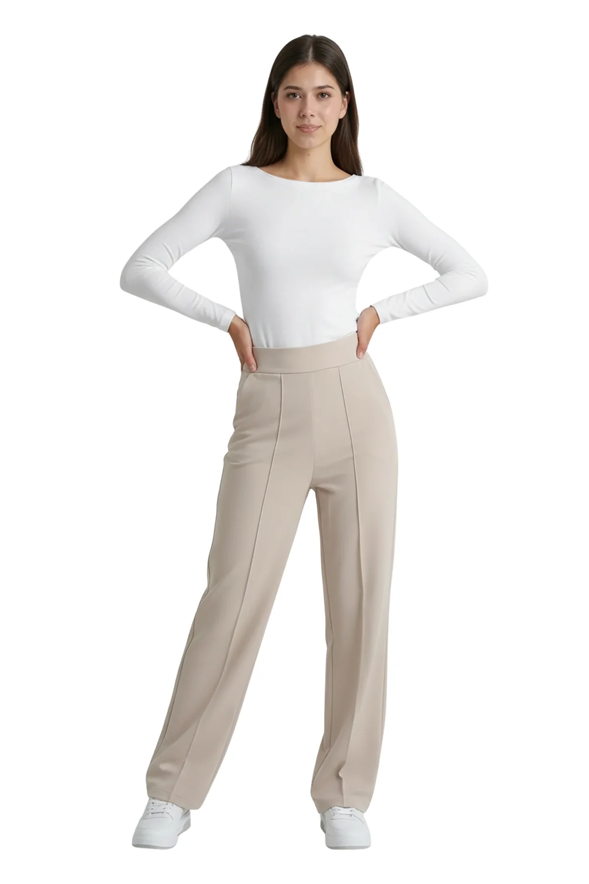 Kadın Bej Yüksek Bel Çimalı Dökümlü Krep Pantolon Esnek Geniş Paça